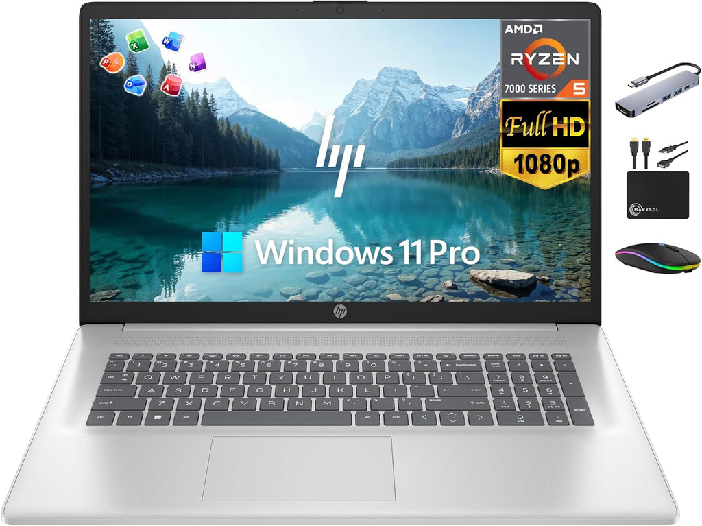 HP 17 Laptop Business, 17.3' FHD IPS Display, 32GB RAM, 1.5TB Storage (1TB SSD + 500GB Ext Drive), 6-Core AMD Ryzen 5 Processor, Lifetime Microsoft Office, Long Battery, MarxsolAccessory, Win 11 Pro