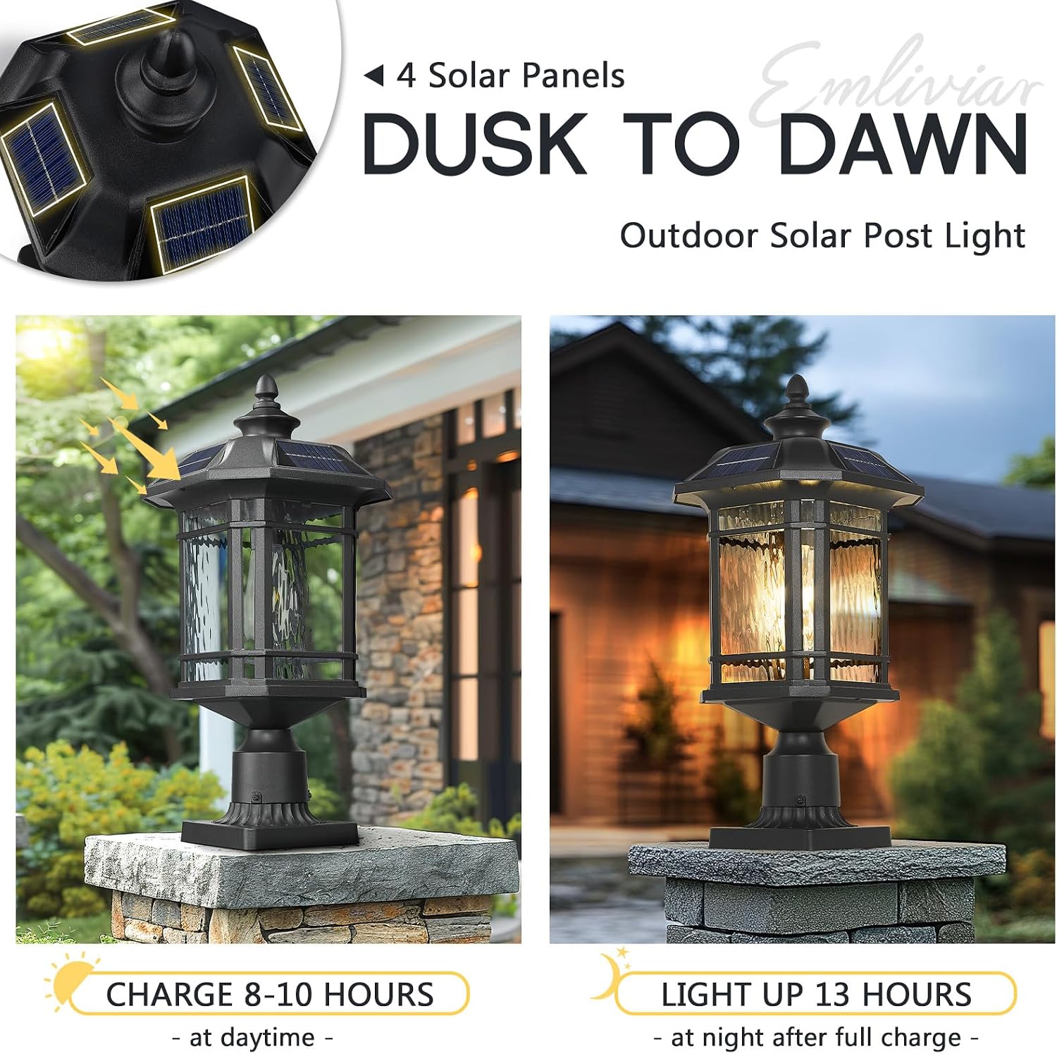 Emliviar 20.5' Solar Post Light Outdoor, Large Black Solar Column Light Head with Remote Control, LED Exterior Fence Lamp with Water Grain Glass, 22021MP-SL BK