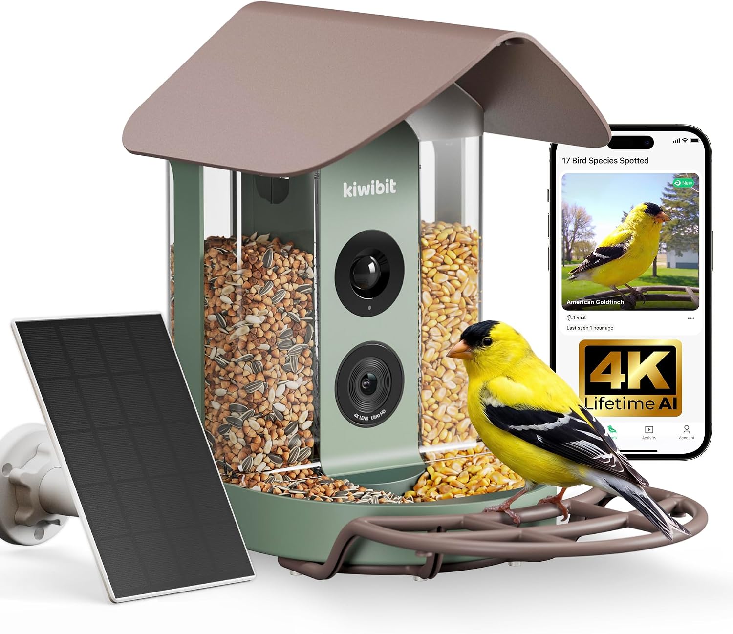 Kiwibit Smart Bird Feeder with Camera Solar Powered, No Subscription, Lifetime AI Feature Included, 4K Video Live Stream, AI Identification Bird Species, Real-Time Bird Alert, Ideal Birdwatching Gift