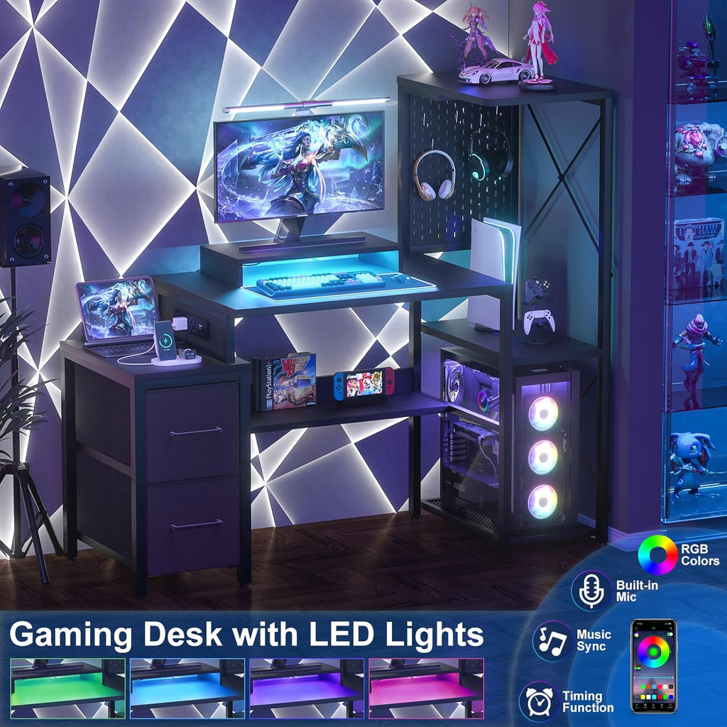 Small Gaming Desk with 2 Fabric Drawers - Reversible Computer Desk with Power Outlet & LED Lights, 49' Office Desk with Monitor Stand & Storage Shelves, Writing Study Table with Pegboard, Black