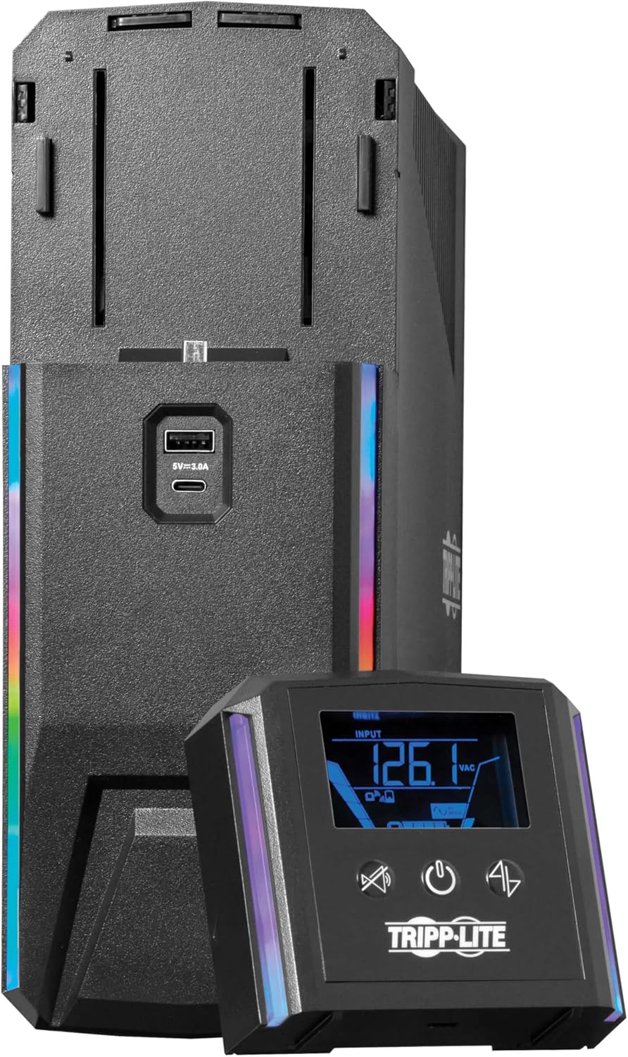 Tripp Lite Pure Sine Wave Gaming UPS Battery Backup, 600VA 360W 120V, Detachable LCD, Automatic Voltage Regulation, USB, RGB LED Lights, 3-Year Warranty & $250K Insurance (SMART600PSGLCD)