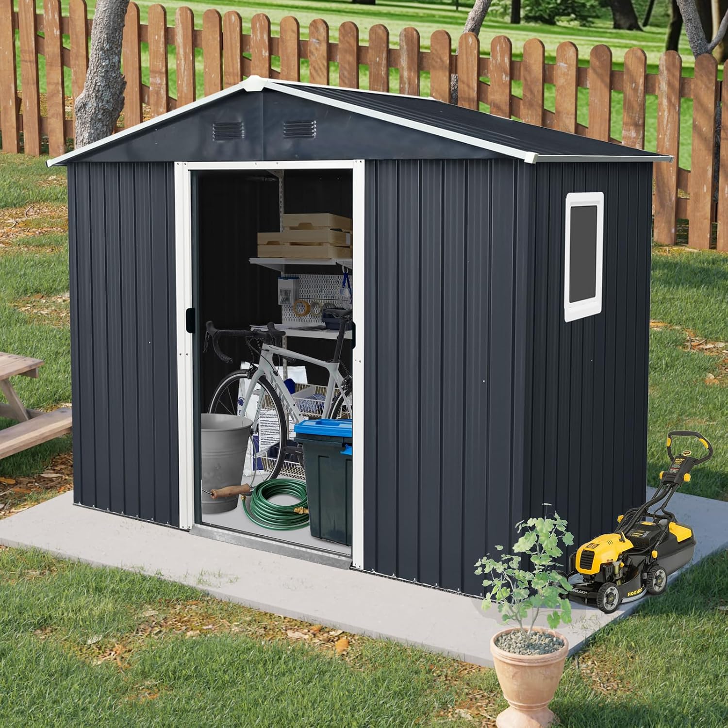 8 x 4 FT Outdoor Storage Shed, Metal Garden Shed with Floor Frame, Tool Shed Outdoor Storage with Lockable Sliding Doors & Window & Air Vent, Storage House Waterproof for Backyard, Lawn, Black + White