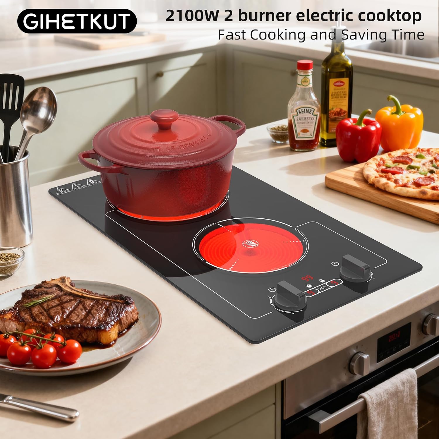 GIHETKUT Electric Cooktop,110V 2100W Stove top,9 Power Levels, Kids Lock & Timer, Hot Surface Indicator, Overheat Protection,knob and touch control 2 burner Electric cooktop