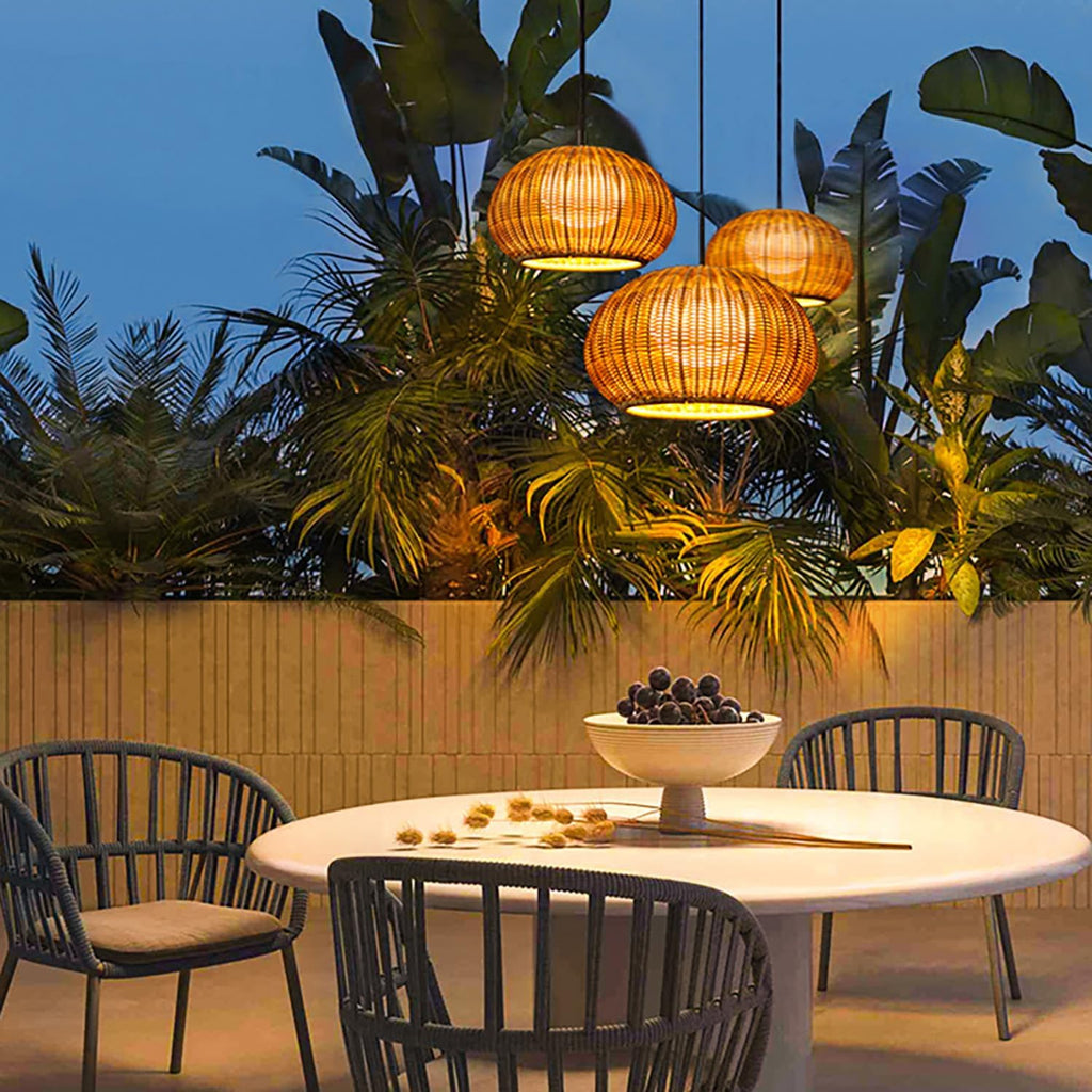 MIXL- Hand-Woven Rattan Pendant Light,Waterproof Outdoor Lighting Fixture,Adjustable Pendant Hanging Lamp,Vintage Style Hanging Light for Garden Patio and Yard