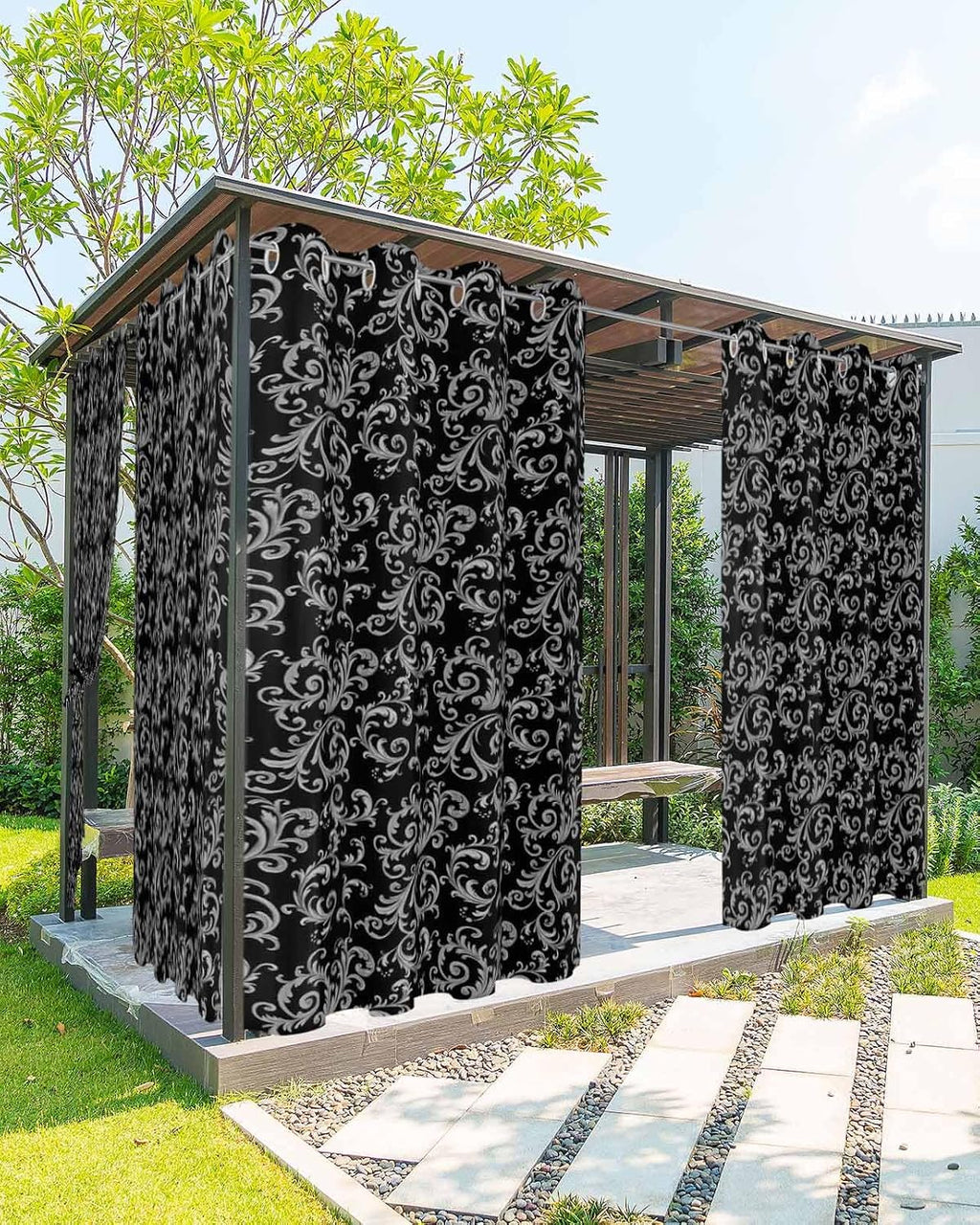 Outdoor Curtain for Patio Waterproof, Winter Christmas Retro Floral Pattern Black Outside Curtains with Grommet Top Curtain Panels Drapes for Pergola, Gazebo, Balcony 54' W x 95' L 2 Pcs
