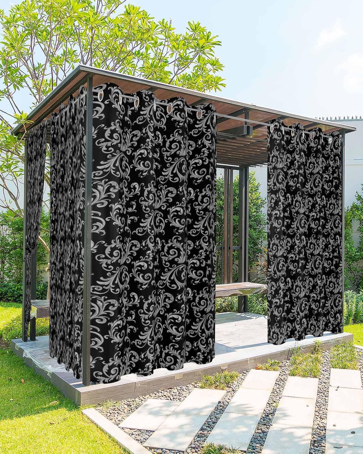 Outdoor Curtain for Patio Waterproof, Winter Christmas Retro Floral Pattern Black Outside Curtains with Grommet Top Curtain Panels Drapes for Pergola, Gazebo, Balcony 54' W x 95' L 2 Pcs