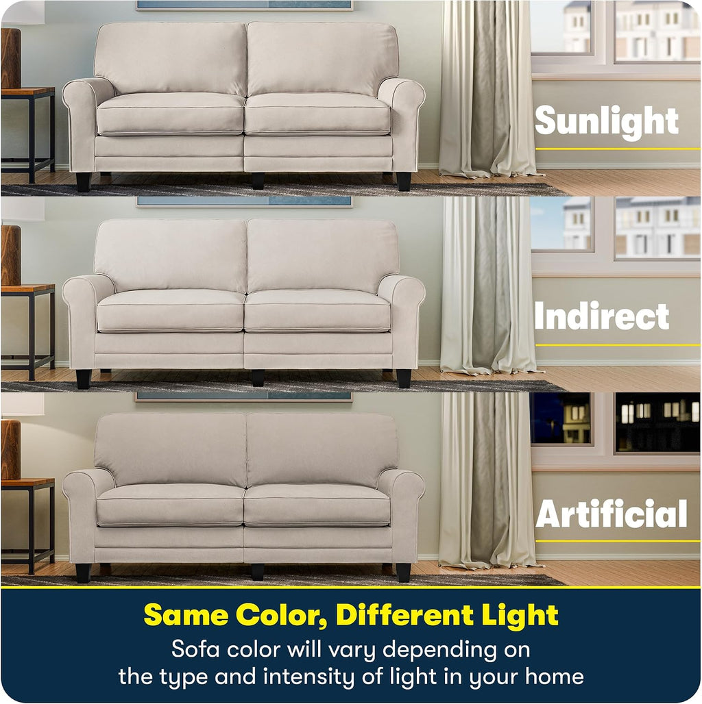 Serta Copenhagen 73' Rolled Arm Sofa, Easy Care Polyester, Soft Pillow Back, Pocket Coil Seat Cushions, Removable Covers, Loveseat or Couch for Small Spaces, Living Rooms or Bedrooms, Cream White
