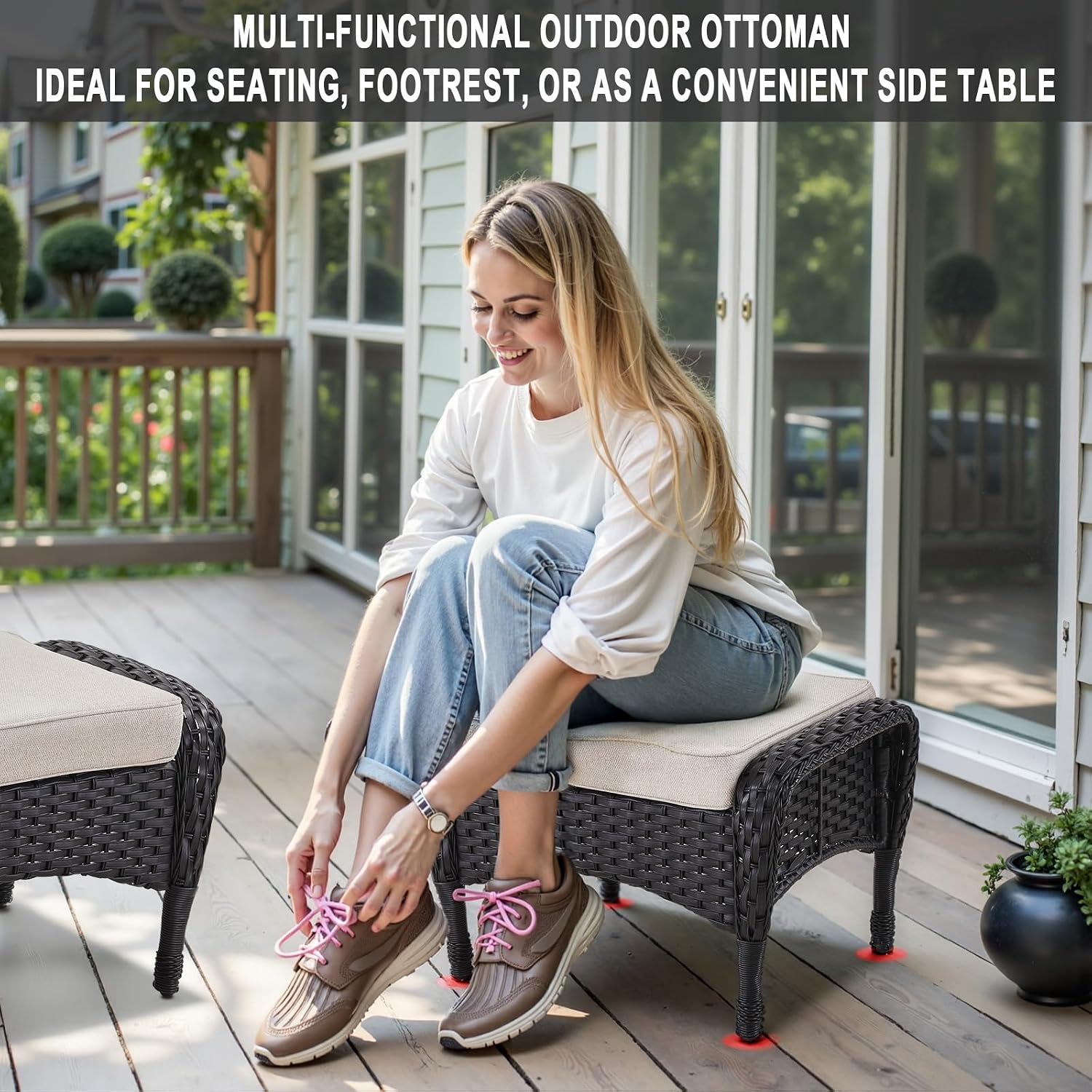 Belord 6 Pieces Outdoor Patio Furniture Set with Wicker Rocking Chairs, Rattan Patio Conversation Set with Glider Loveseat Ottomans and Side Table Black/Beige