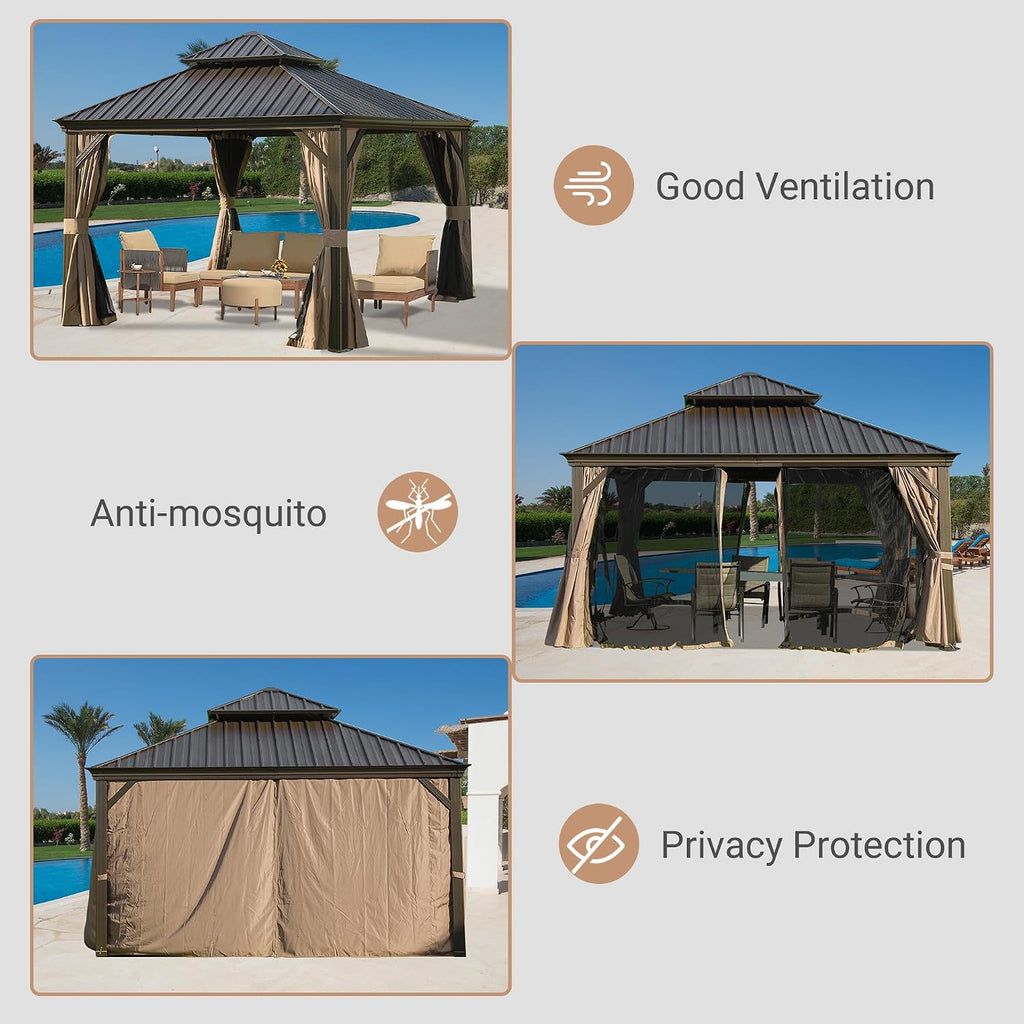 Domi 12' X 12' Hardtop Gazebo, Upgraded Metal Gazebo with Drainage System, Dual-Layer Galvanized Steel Roof, Curtain and Netting, Outdoor Shelter Canopy for Patio, Garden, and Backyard, Brown