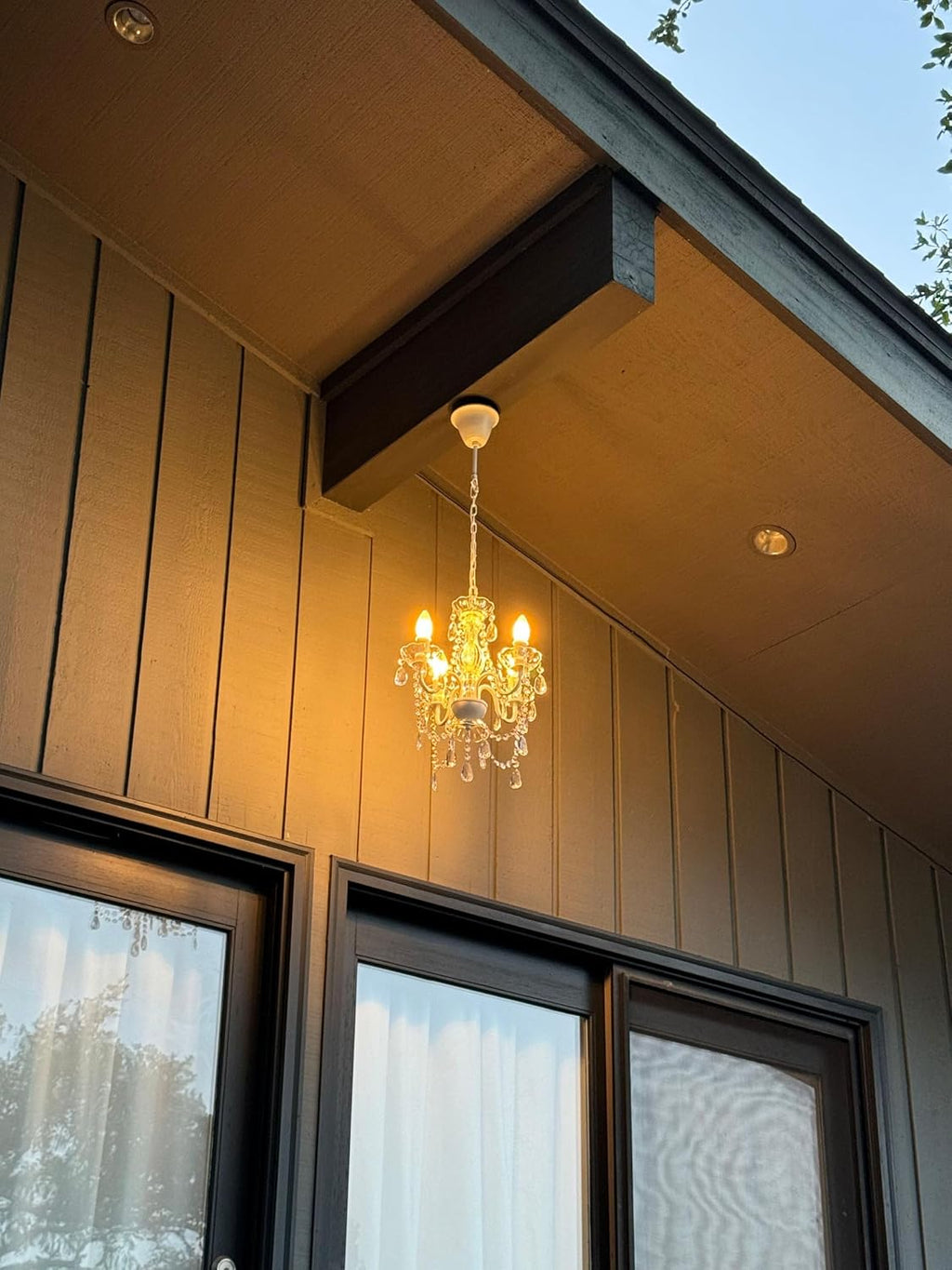Outdoor 4 Light Plug-in Crystal White Chandelier H17'xW15', White Metal Frame, Clear Acrylic Crystals, and Low Voltage (12 Volts) IP65 Water Resistant Electrical Components