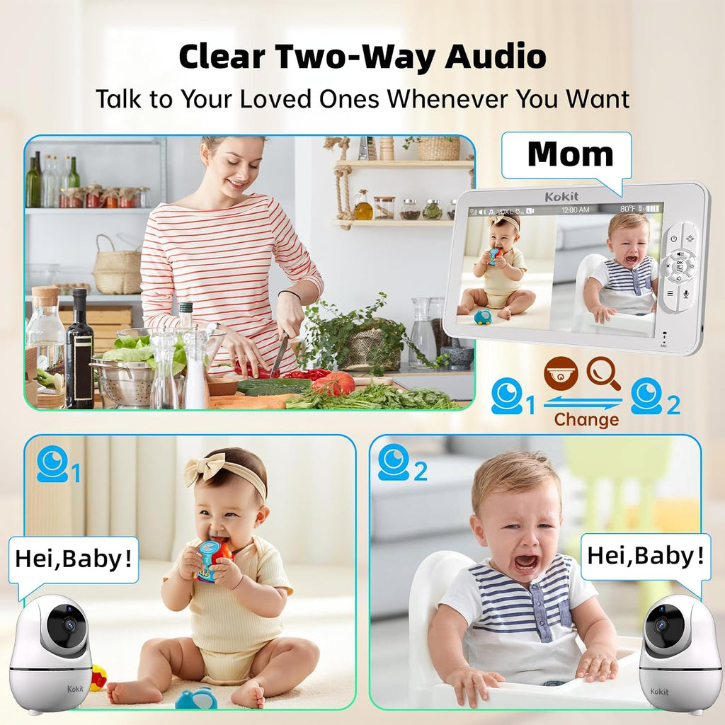 Baby Monitor with Camera and Audio - 7' Split Screen, 5000mAh Battery (100H in VOX), 1080P PTZ Baby Camera Monitor with Flexible Mount, No WiFi Baby Monitor, Secure 2.4GHz FHSS