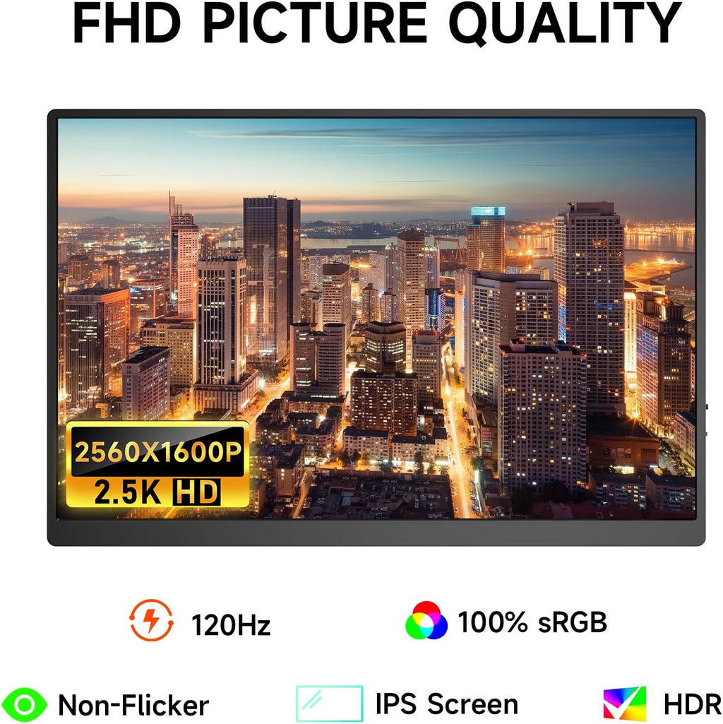 AYY 16' 2.5K 120Hz Portable Monitor, 2560x1600 HDR IPS Display, QHD 100% sRGB, USB-C & HDMI, Eye Care External Second Screen, for Laptop/PC/Phone/PS4/5/Xbox/Switch