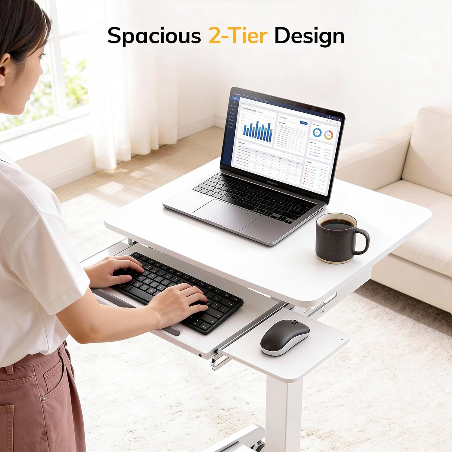 Mount-It! Height Adjustable Rolling Laptop Desk with Keyboard Tray, Mobile Sit-Stand Computer Cart with Wheels, Small Standing Desk for Home, Office, or Classroom, 23.6' x 20.5', White