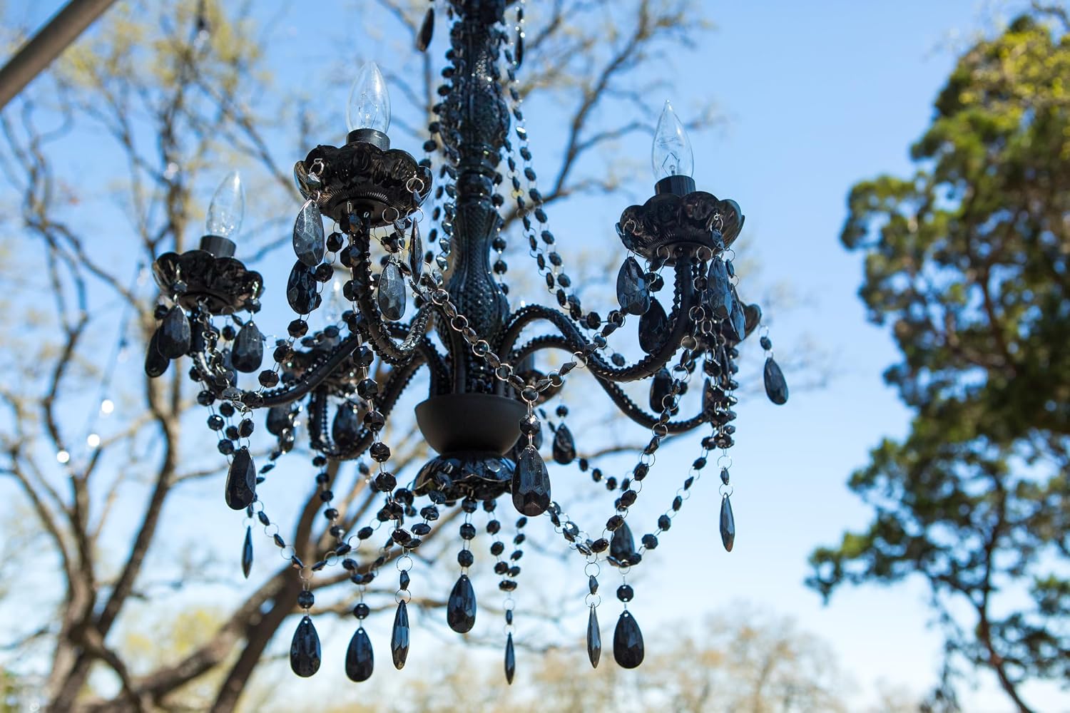 Outdoor 6 Light Plug-in Black Chandelier H26'xW22', Black Metal Frame, Black Acrylic Crystals, and Low Voltage IP65 Water Resistant Electrical Components