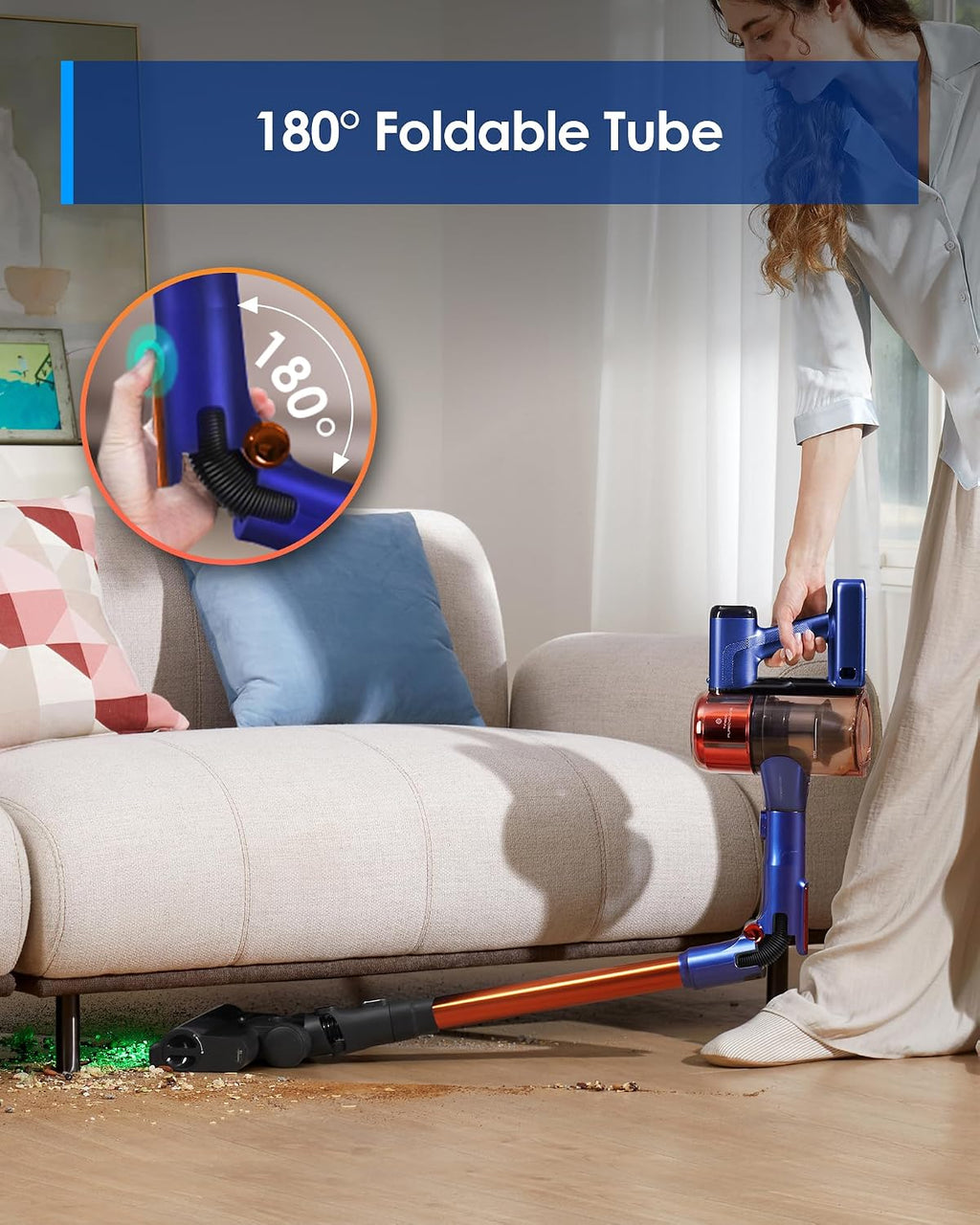 Tineco Pure ONE S70 Cordless Vacuum Cleaner, 200AW Powerful Suction, 3D Sense Pro Cleaning System, 6-Stage Filtration with 95min Runtime, Zero Tangle Brush with 180° Foldable Tube (Blue&Orange)