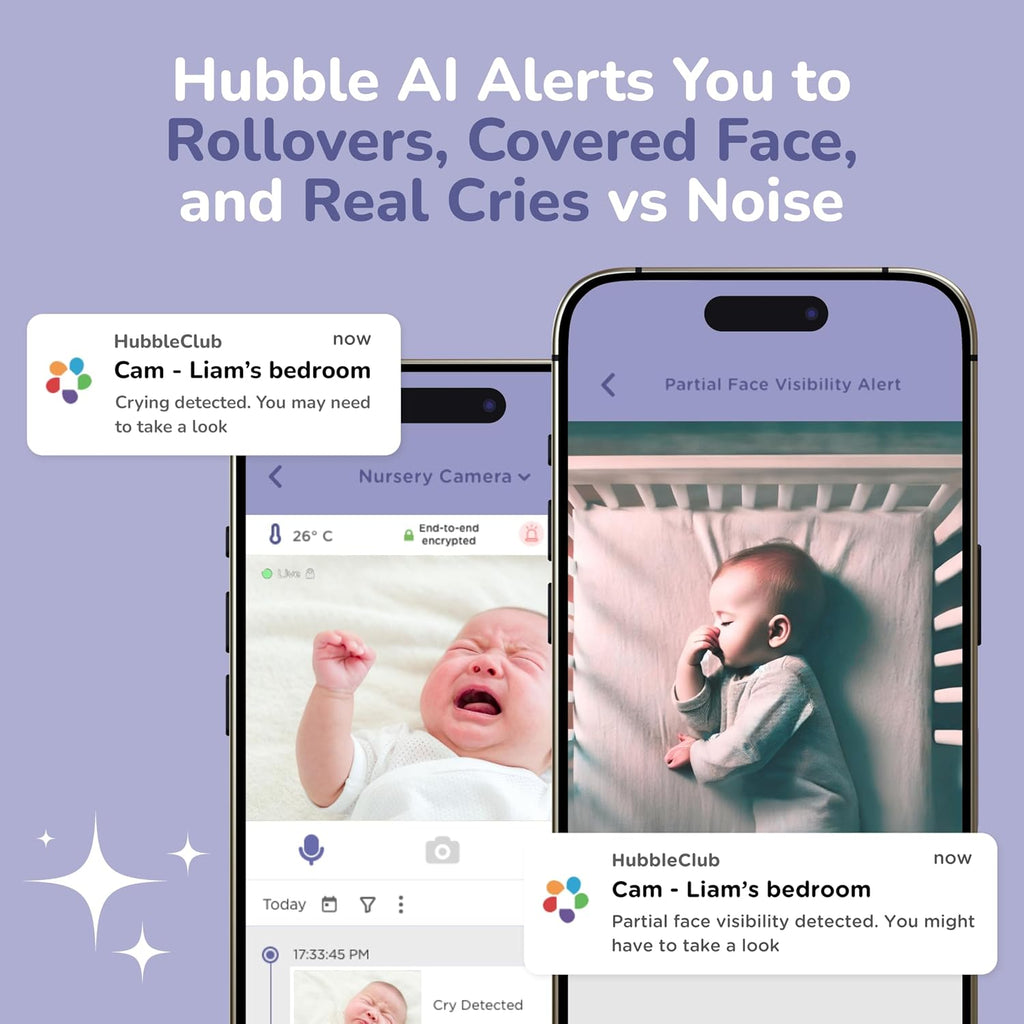 HUBBLE CONNECTED GoBaby AI Twin — 2 Baby Monitor Cameras w/Covered Face & Rollover Alert, True Cry Detection, Sleep Trainer & More — Twin 2K UHD Baby Camera Monitors w/Flexible Mount