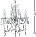 Outdoor 4 Light Plug-in Crystal White Chandelier H17'xW15', White Metal Frame, Clear Acrylic Crystals, and Low Voltage (12 Volts) IP65 Water Resistant Electrical Components