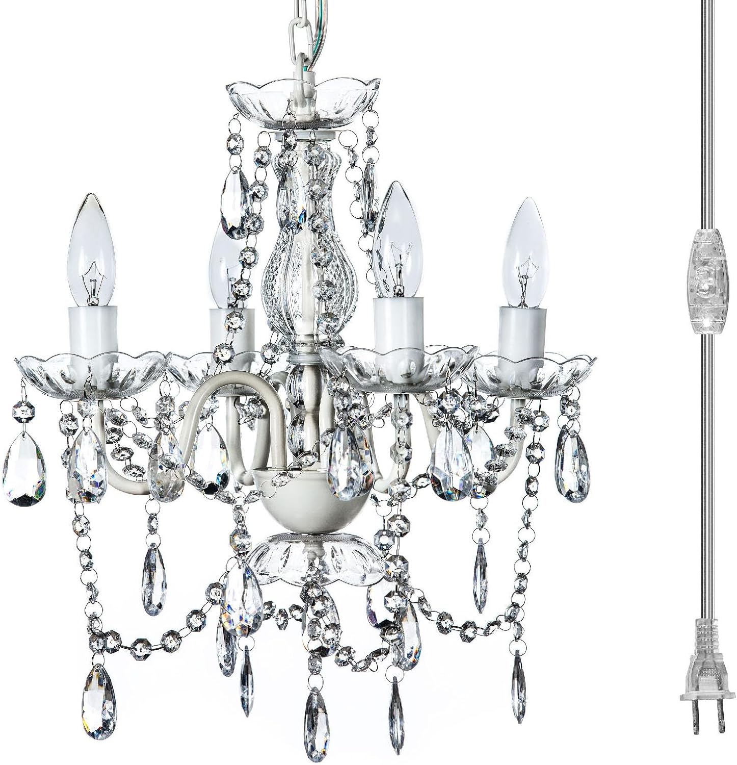 Outdoor 4 Light Plug-in Crystal White Chandelier H17'xW15', White Metal Frame, Clear Acrylic Crystals, and Low Voltage (12 Volts) IP65 Water Resistant Electrical Components