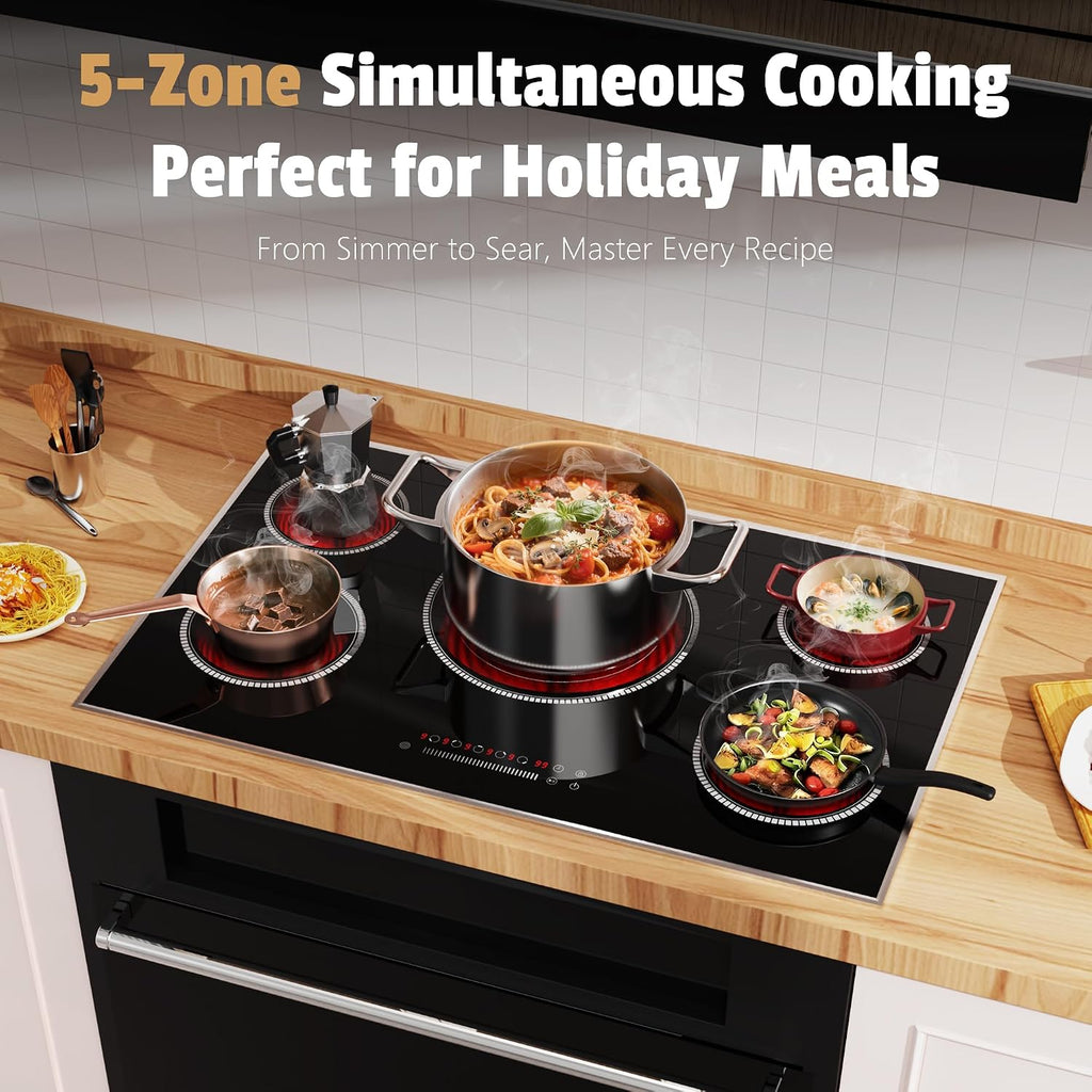 36 Inch Electric Cooktop, 5 Burner Stove Top with Slide Control, 9200W Electric Stove with Child Lock, Timer & Pause Function 36' Glass Cooktop, 220V Hard Wire(No Plug)