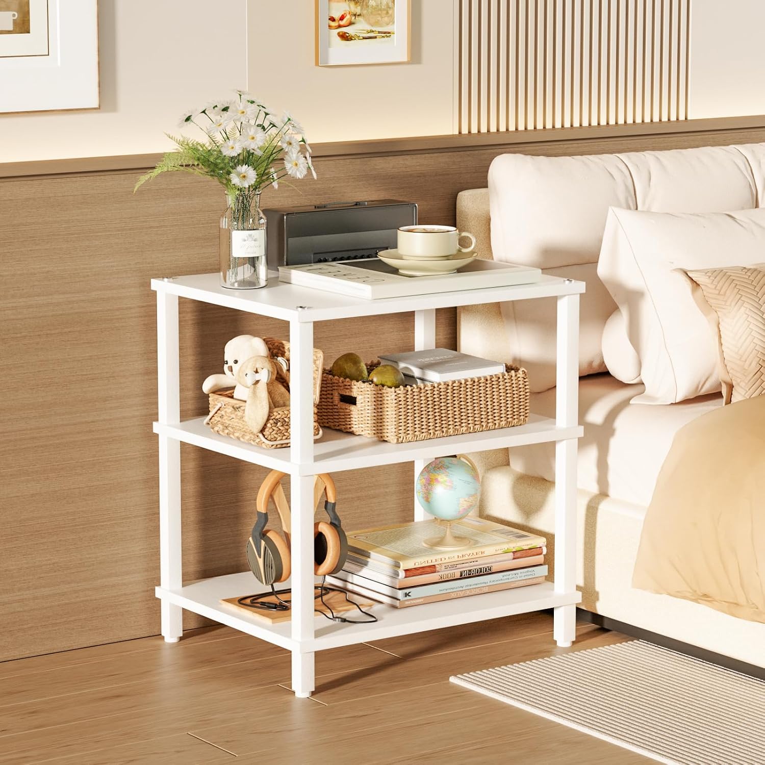 LELELINKY 3-Tier AV Media Player Stand Set of 2, White Stereo Cabinet, Wooden TV Stand,Game Console Shelf, Multifunctional Entertainment Center, Suitable for Home, Conference Room, Game Studio