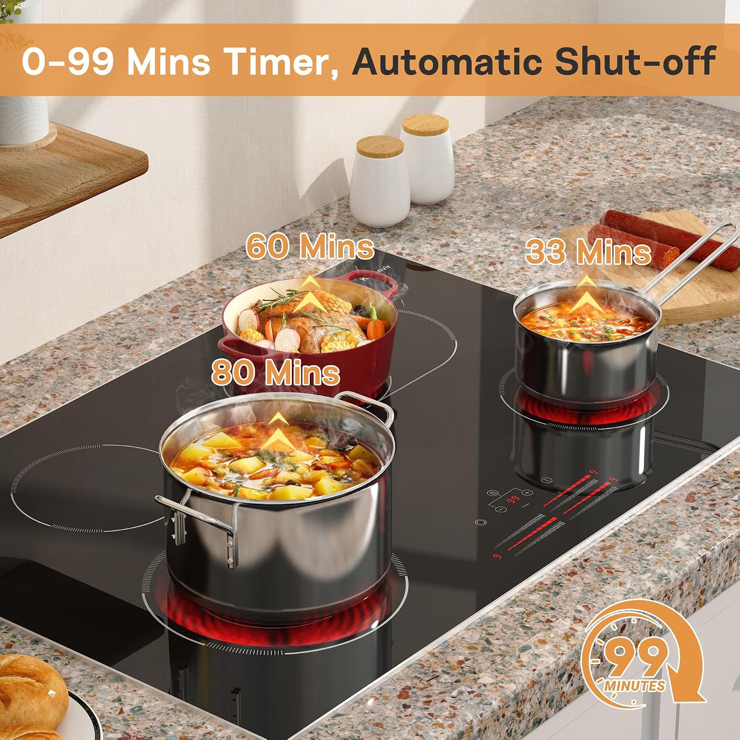 30 Inch Electric Cooktop, 4 Burner Electric Stove with Double Ring Burner & Extended Zone, 6600W Electrics Cooktop 220V-240V, 9 Power Levels, Slide Control, Safety Lock, Timer