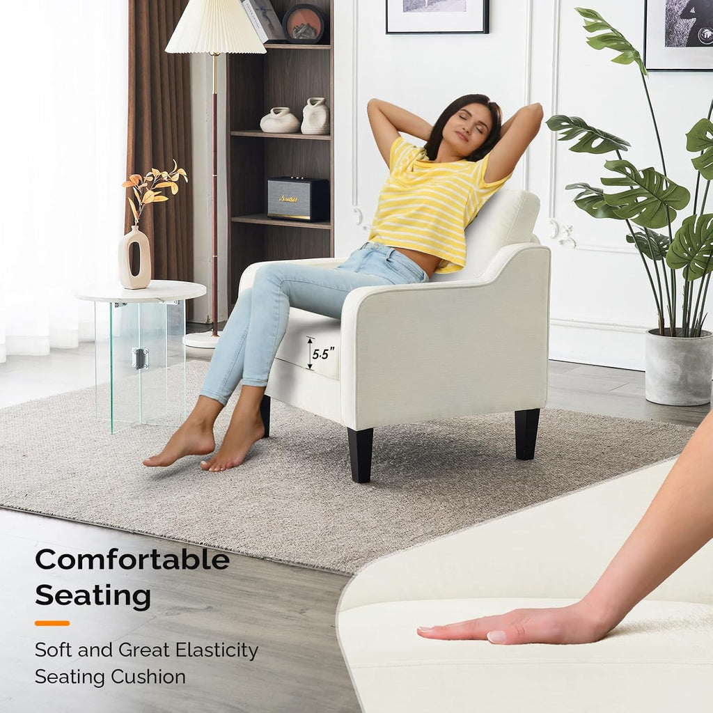VINGLI Living Room Chairs White Accent Chair Soft Chenille Comfy Arm Chair Mid Century Modern Sofa Chair for Small Spaces Bedroom, Home Offfice, Apartment, Lounge (Creamy White)