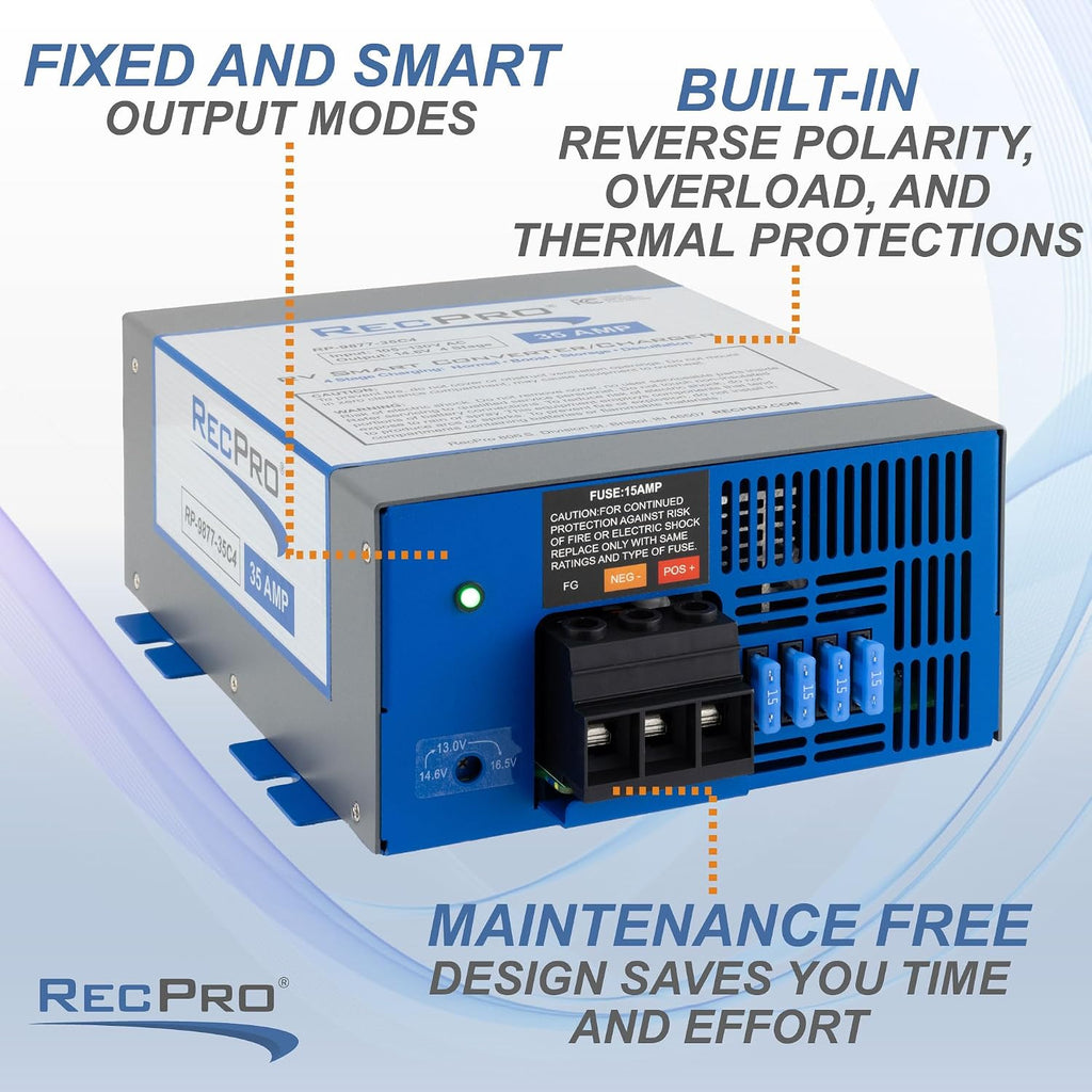 RecPro RV Converter 35 Amp | RV Power Converter & Battery Charger | 4 Stage Smart Charging | 120VAC to 12VDC | 13V to 16.5V Operating Range