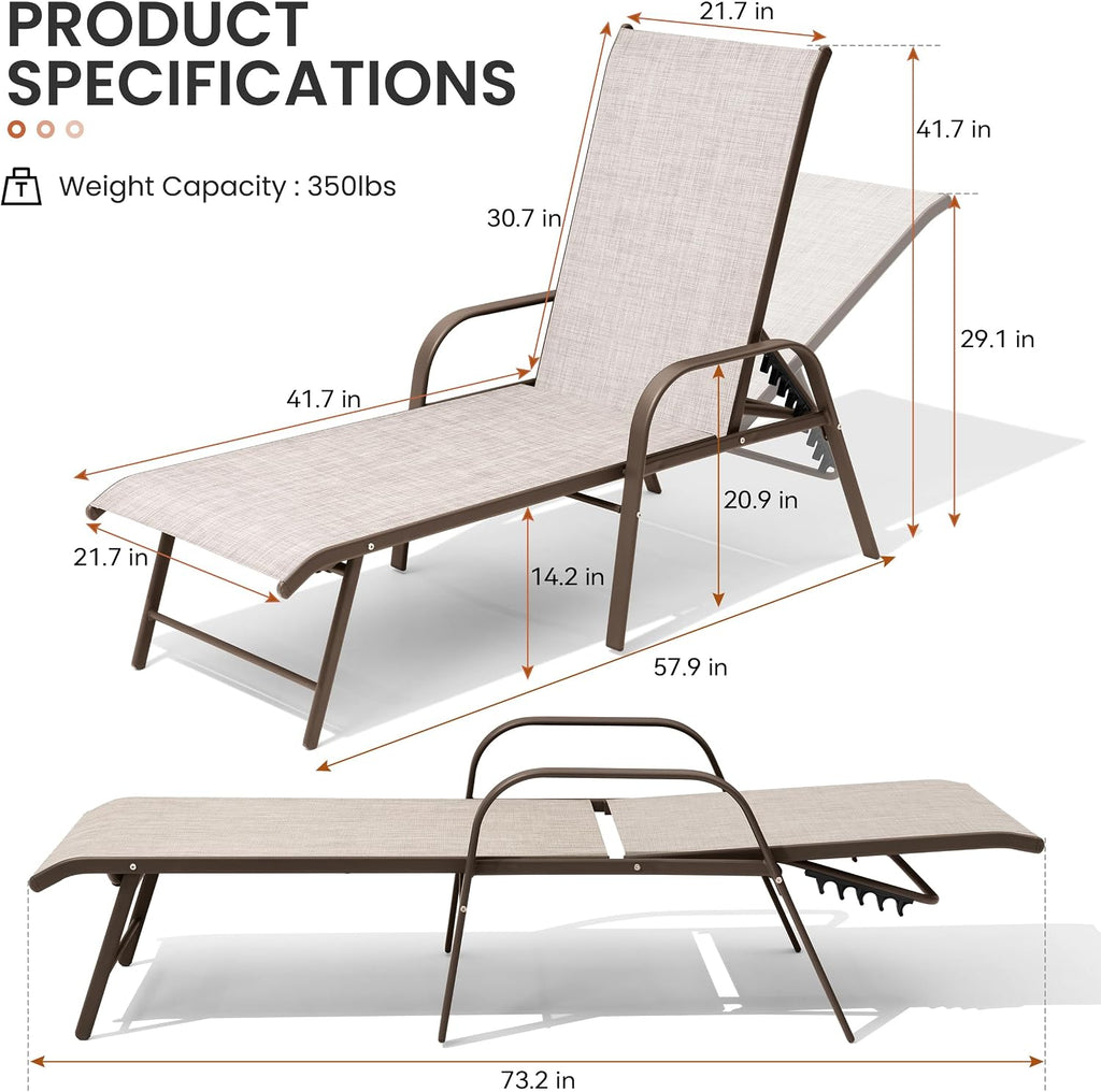 Crestlive Products Chaise Lounge Chair Outdoor with Armrests, Pool Lounge Chairs Set of 4, Aluminum Adjustable 5 Positions Sun Tanning Lounger for Patio, Poolside, Yard, Deck, Backyard (Beige)