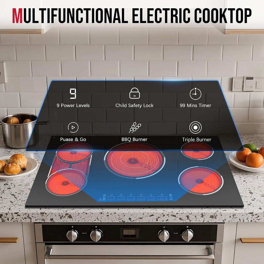 5 Burner Electric Cooktop, 36 Inch Electric Stovetop 9600W, Built-in Ceramic Hob with BBQ Burner, Touch Control, Child Safety Lock, Timer, Pause, 220-240V, Hard Wire, No Plug