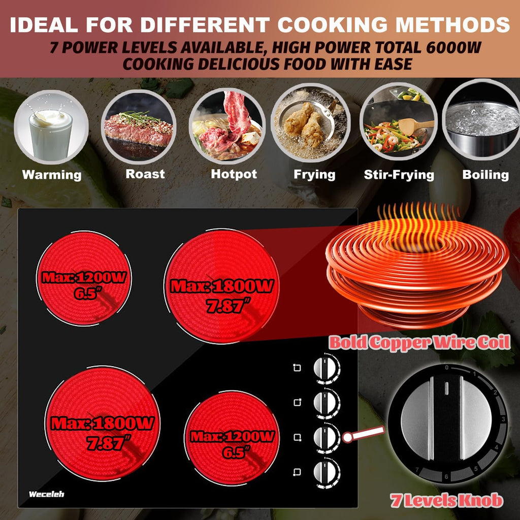 4 Burner Electric Cooktop 24 Inch, 6000W Built-In Electric Stove Top, Ceramic Glass Cooktop, Knob Control, 7 Power Levels, Built-In, 220-240V, Hard Wire, Black