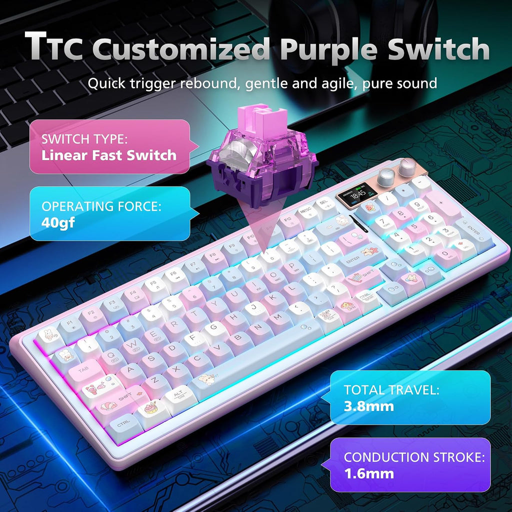 H98 Wireless Mechanical Keyboard,96-Key Hot-Swappable Wired Gaming Keyboard,Tri-Mode Bluetooth 5.0 2.4G USB-C,1.14' Color Screen,Double Knob,6000mAh,RGB,PBT Keycaps for PC Mac iPad-Pink