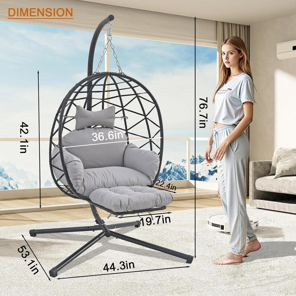 Outdoor Egg Chair with Sturdy Tripod Hammock Leg Rest and Hanging Lounge Chair Swinging Rattan Wicker Swing for Cozy Bedroom Balcony Garden Patio Porch Indoor Use (Black and Grey)