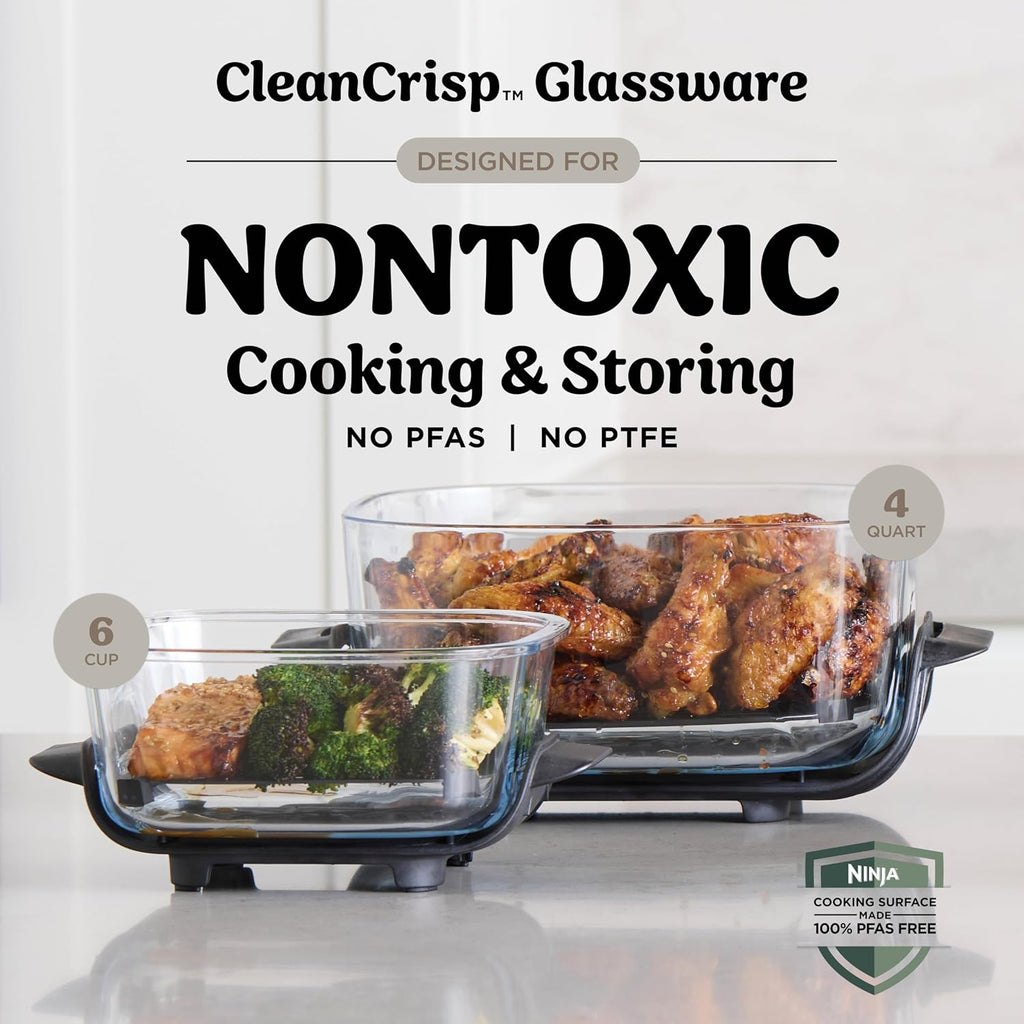 Ninja Crispi 4-in-1 Glass Air Fryer | With Non-Toxic 4QT & 6-Cup Glass Containers & Lids | Microwave, Freezer, Dishwasher Safe | 450°F Max Temp |1500 Watt | Stone | FN101ST