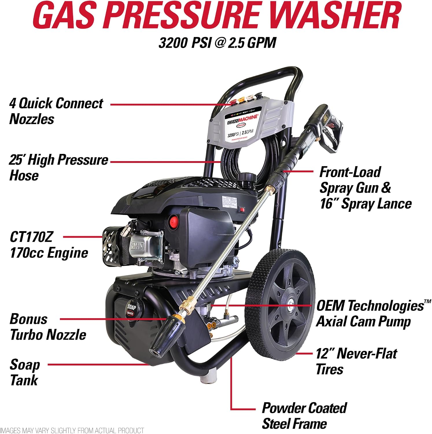 Simpson Cleaning 3200 PSI Gas Pressure Washer, 2.5 GPM Residential Power Washer with Soap Tank and Turbo Nozzle, 25' Hose, Clean Machine, 49-State (CM61456)