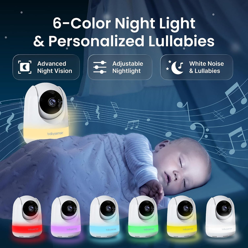 Babysense 5.5' Full-HD Split-Screen Baby Monitor, Video Baby Monitor with Camera and Audio, 3 Cameras with 6-Color RGB Night Light, 1000ft Range, 5000mAh Battery