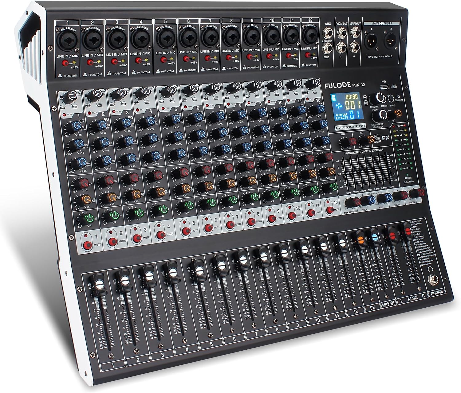 12-Channel Bluetooth Studio Audio Mixer 99 Bit DSP Digital Processor w/USB MP3 for PC Recording Input, XLR Microphone Jack, 48V Power, For Professional and Beginners DJ Mixer