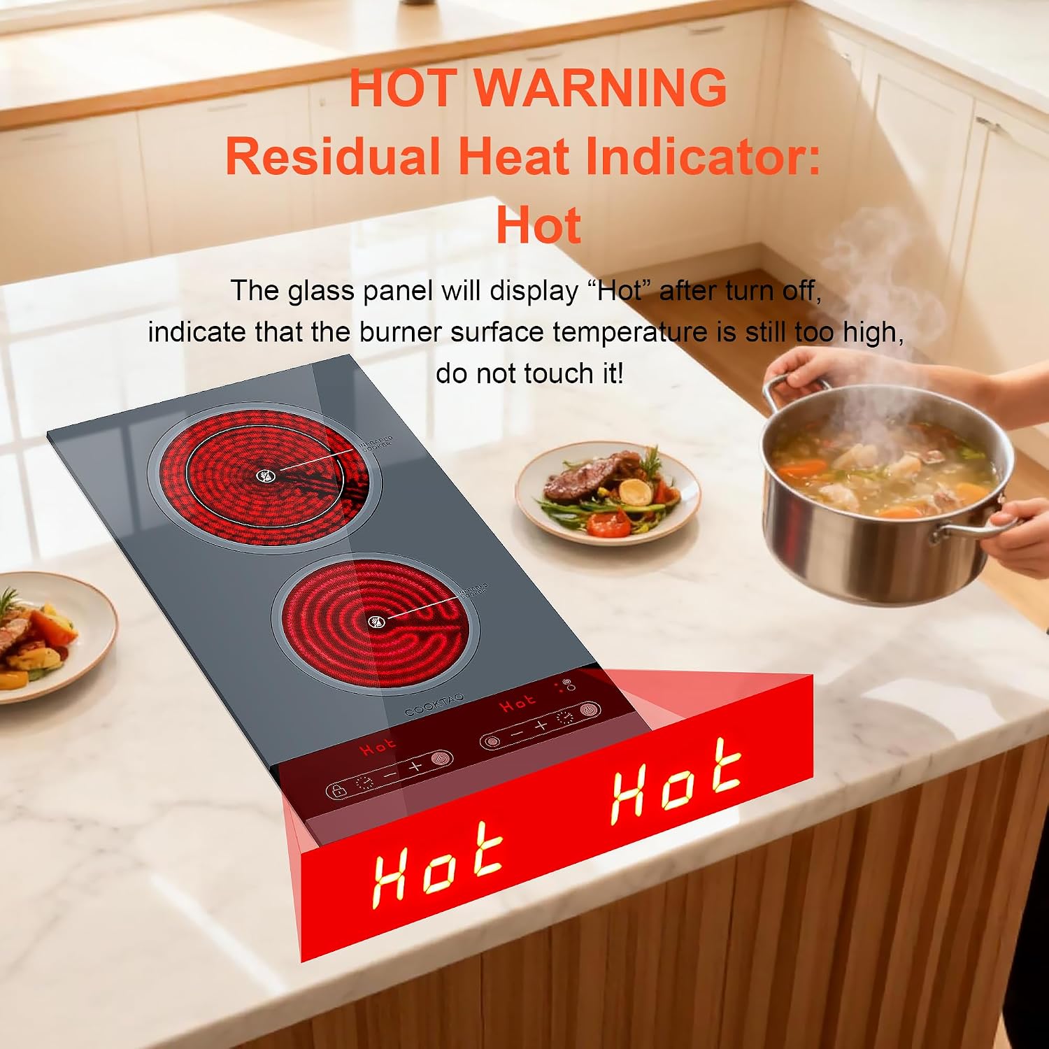 Dual Coil Design of Double Burner Electric Cooktop, 1800W Ceramic Hot Plate for Cooking, Portable Countertop Infrared 2 Burner or 12inch Built-in Radiant Stove Top Cooker, Compatible with All Cookware