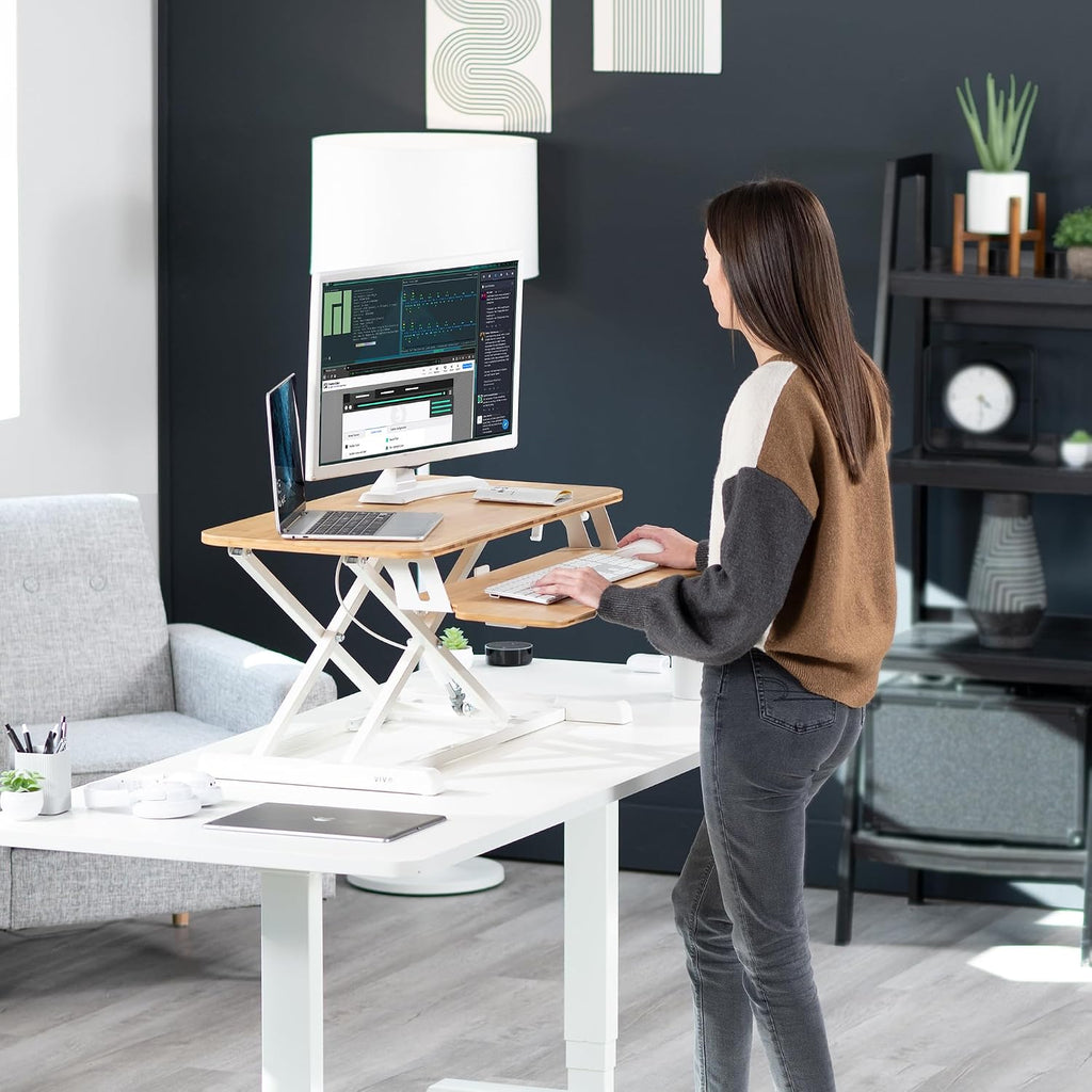 VIVO 32 inch Desk Converter, K Series, Height Adjustable Sit to Stand Riser, Dual Monitor and Laptop Workstation with Wide Keyboard Tray, Bamboo Top, White Frame, DESK-V000KO