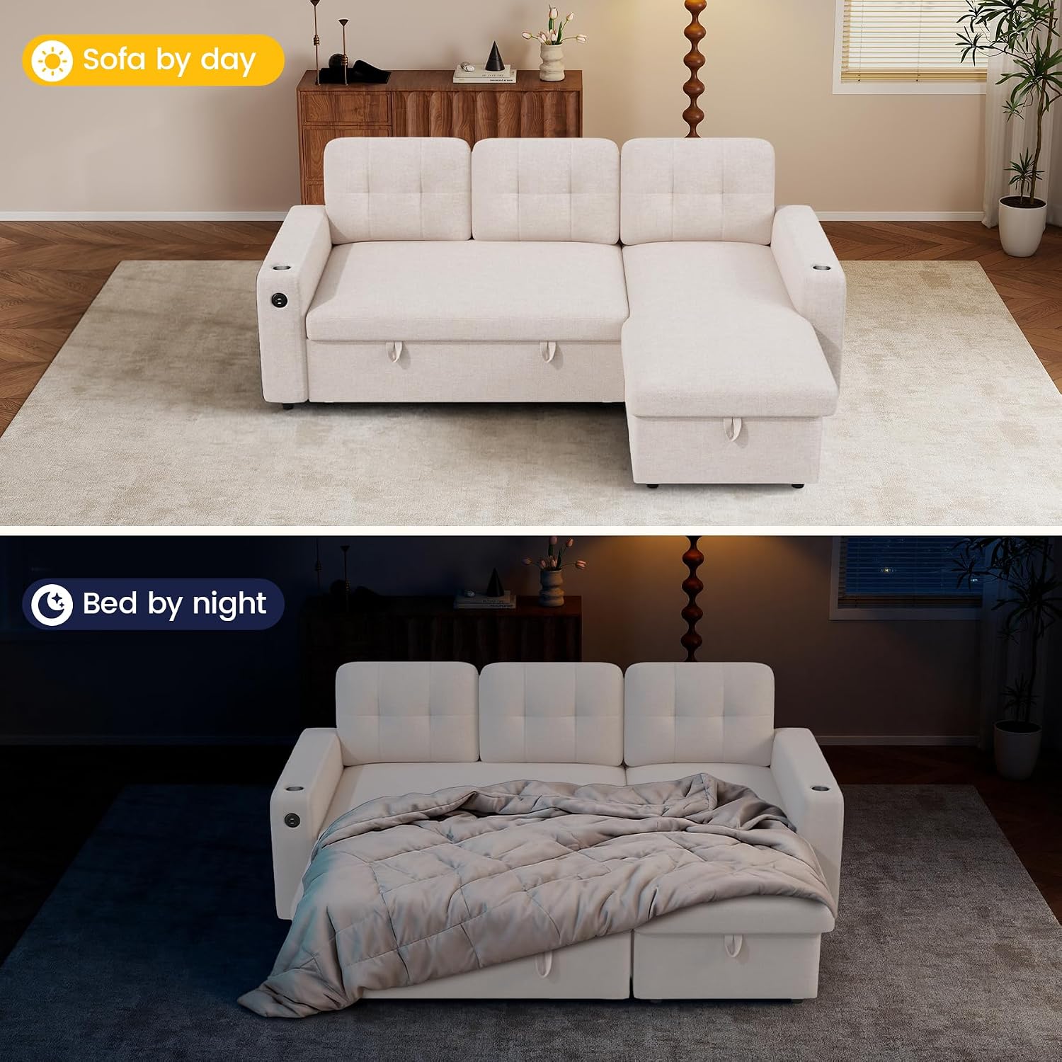 Luxanimarion 83'' Pull Out Sofa Bed, 2 in 1 Convertible Comfy Linen Couch with Storage Chaise & USB Charging, Modular Sleeper Sofa Couches for Living Room Apartment,Beige 1 PCS