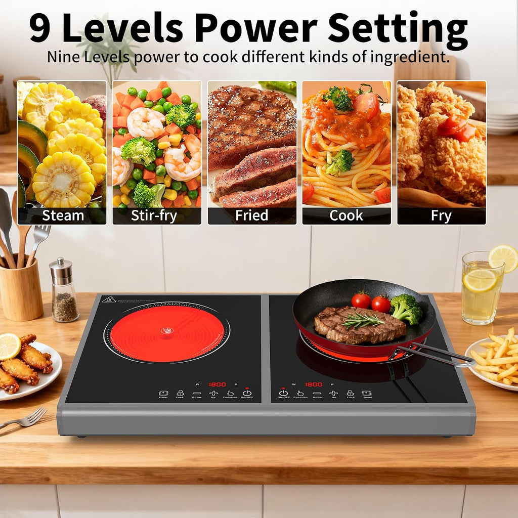 GIHETKUT Electric Cooktop,110V 3600W Stove top, 20 inch Countertop with 9 Power Levels,LED touch control,Overheat Protection,Child Safety Lock & Timer,touch control 2 burner Electric cooktop