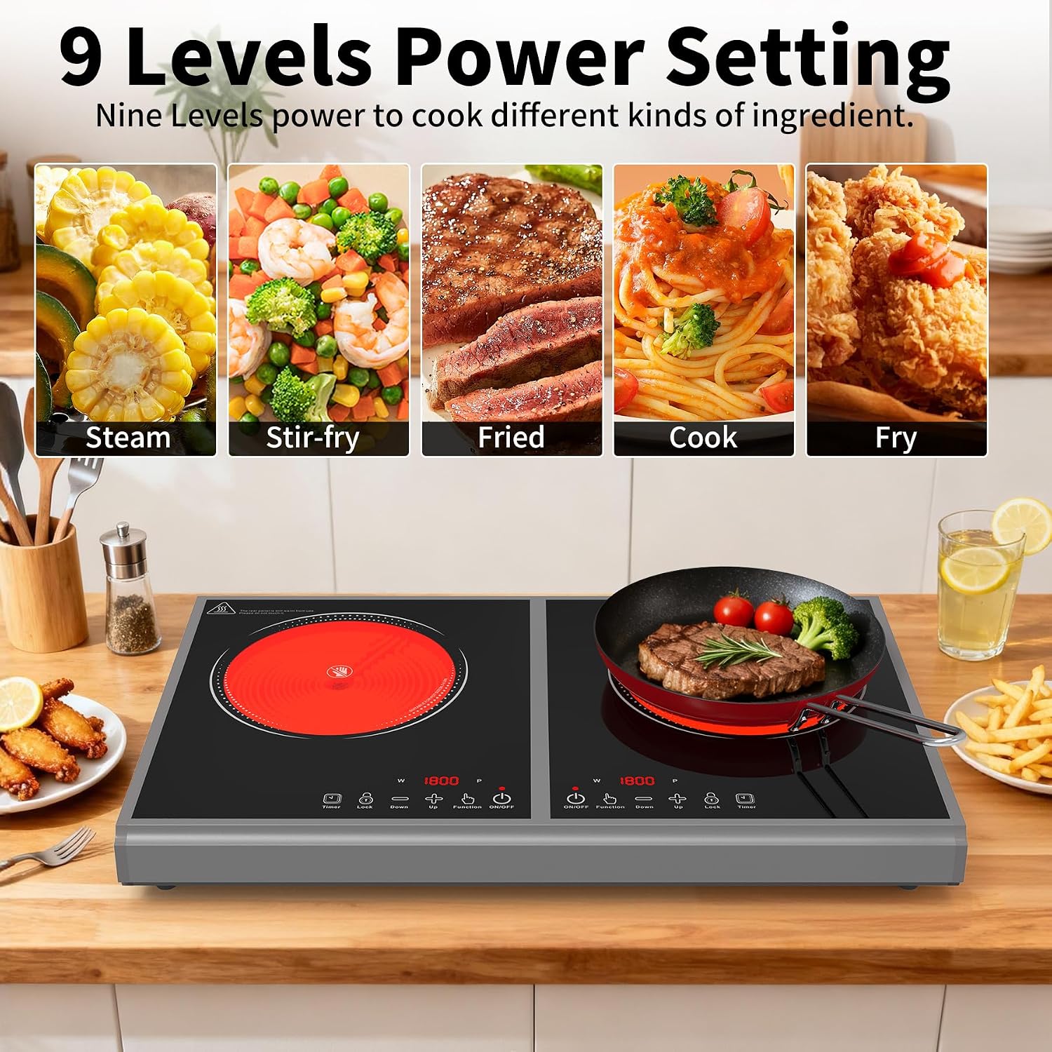 GIHETKUT Electric Cooktop,110V 3600W Stove top, 20 inch Countertop with 9 Power Levels,LED touch control,Overheat Protection,Child Safety Lock & Timer,touch control 2 burner Electric cooktop