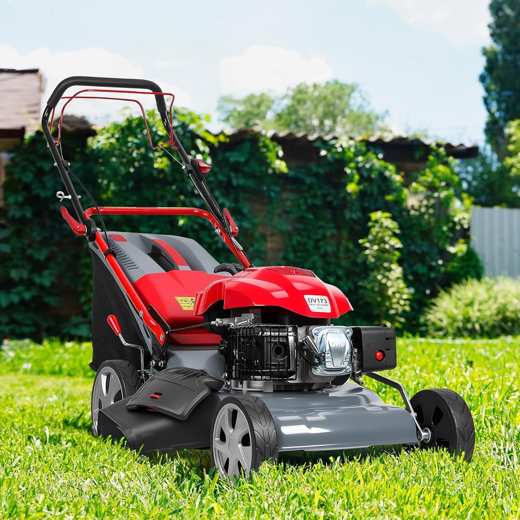173cc self propelled Gas Lawn Mower Walk Behind Grass Cutter 20 inch Cutting Deck 60l Collection Bag Rear Wheel Drive Heavy Duty Yard Care Landscaping Tool Adjustable Height Patio Weed Trimming