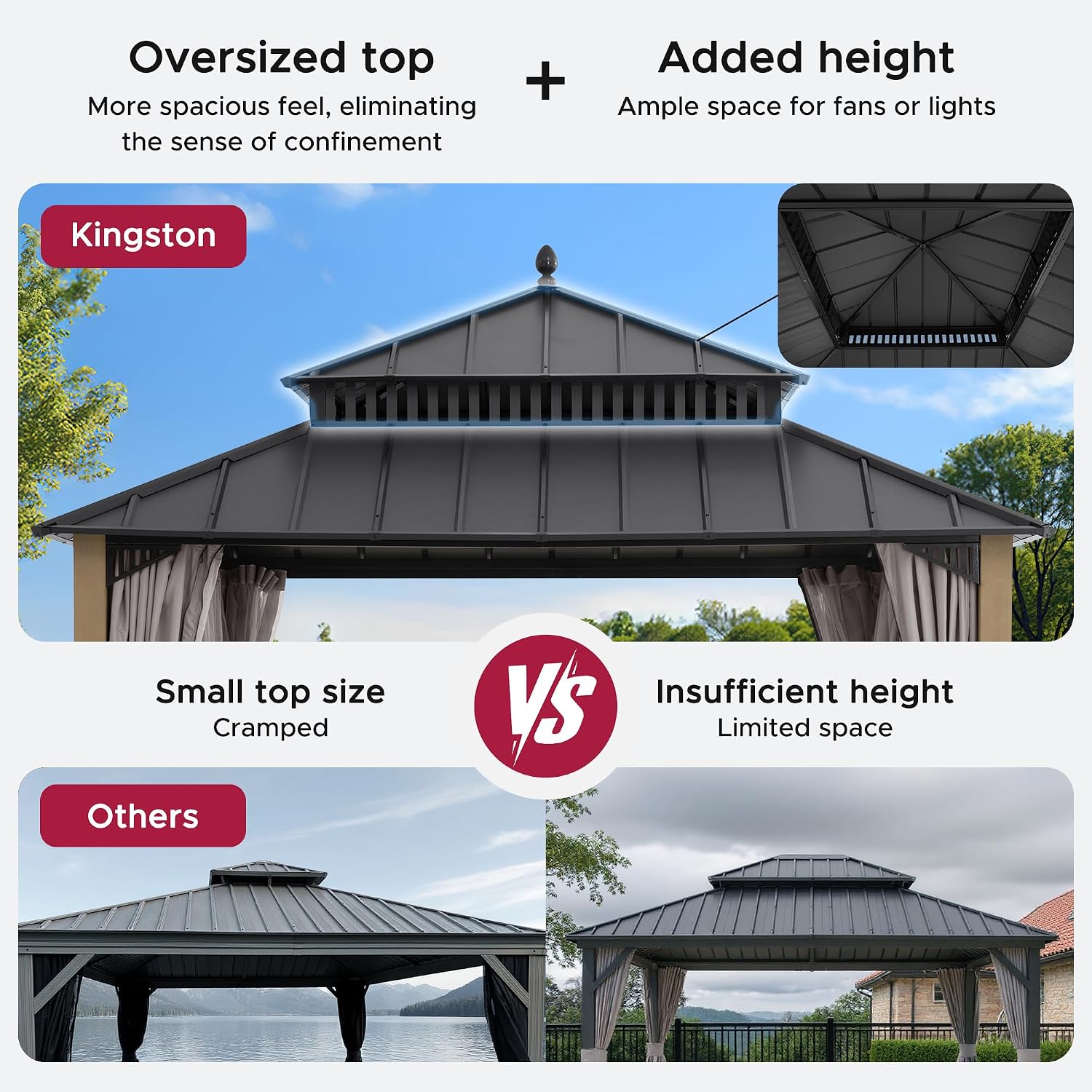 SUNJOY Kingston 12' x 12' Hardtop Wood Gazebo with Galvanized Steel Double Roof, Curtain and Netting, Cedar Posts Permanent Pavilion Gazebo for Garden, Patio, Deck, Lawn