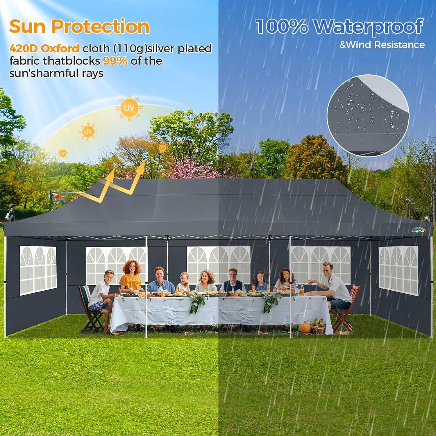 COBIZI 10x30 Pop up Canopy with 8 Removable Sidewalls & 4 Sandbags, Party Tent for Parties, Wedding, and Commercials, Waterproof and Instant Shelter UV50+ Ez Outdoor Canopy Tent with Roller Bag