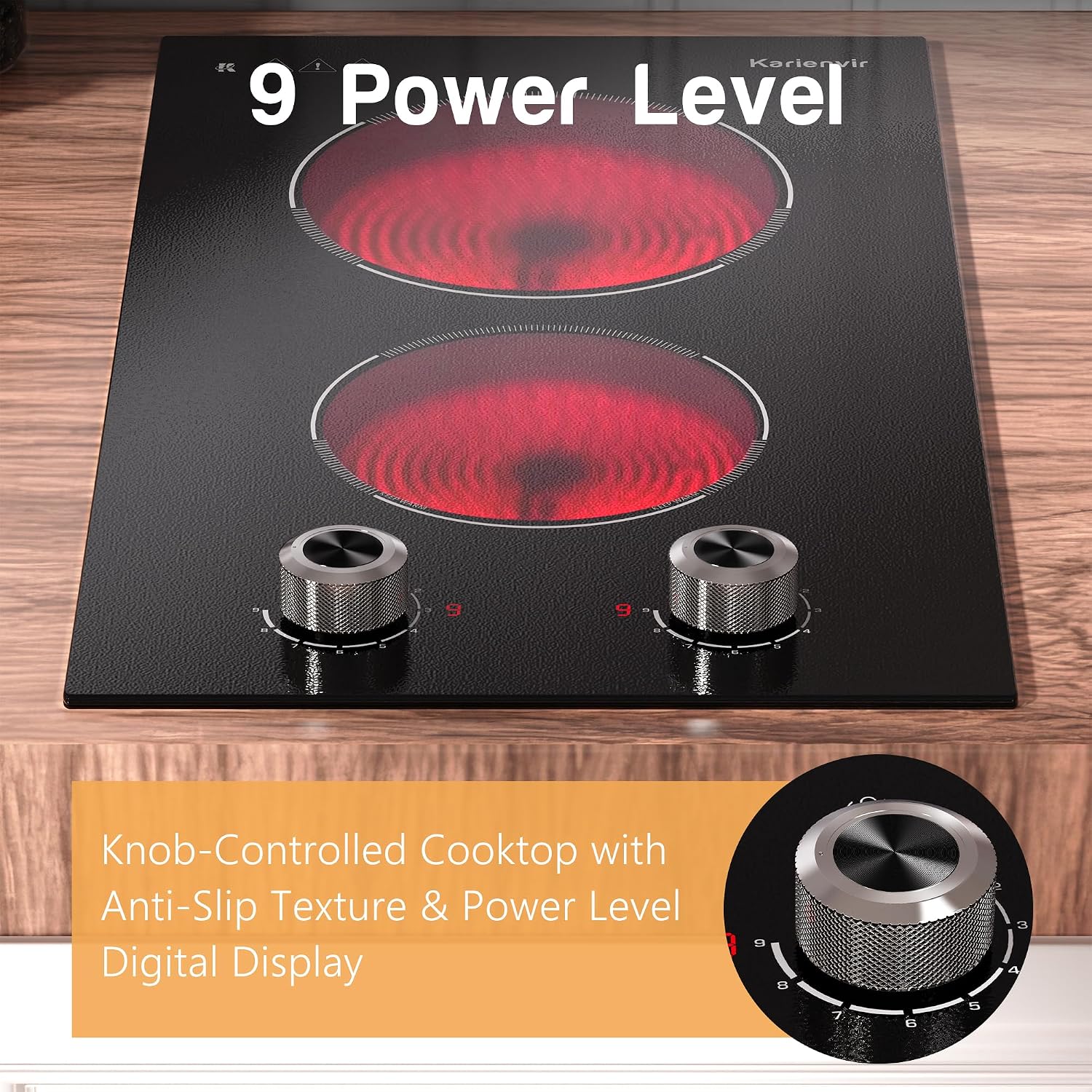 2 Burner Electric Cooktop 110V Karienvir, Plug in Electric Stove Top Burner 2000W, Cooktop Knob Controls, 12 Inch Countertop & Built-In Portable Kitchen Cooktop, 9 Power Levels, Residual Heat Warnings