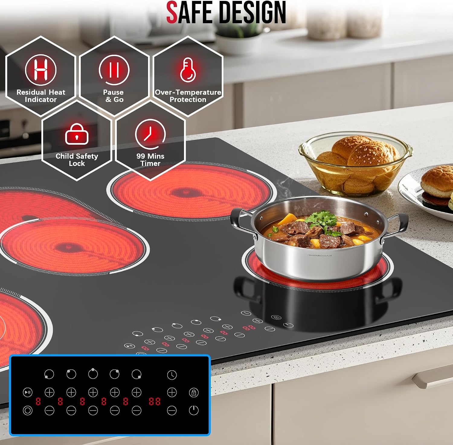 30 Inch Electric Cooktop, Built-in 5 Burner Electric Stovetop 8400W, 30' Glass Ceramic Cook Top with Expanded Zone, Child Safety Lock, Timer, Pause Control, 220V - 240V Hard Wire, No Plug