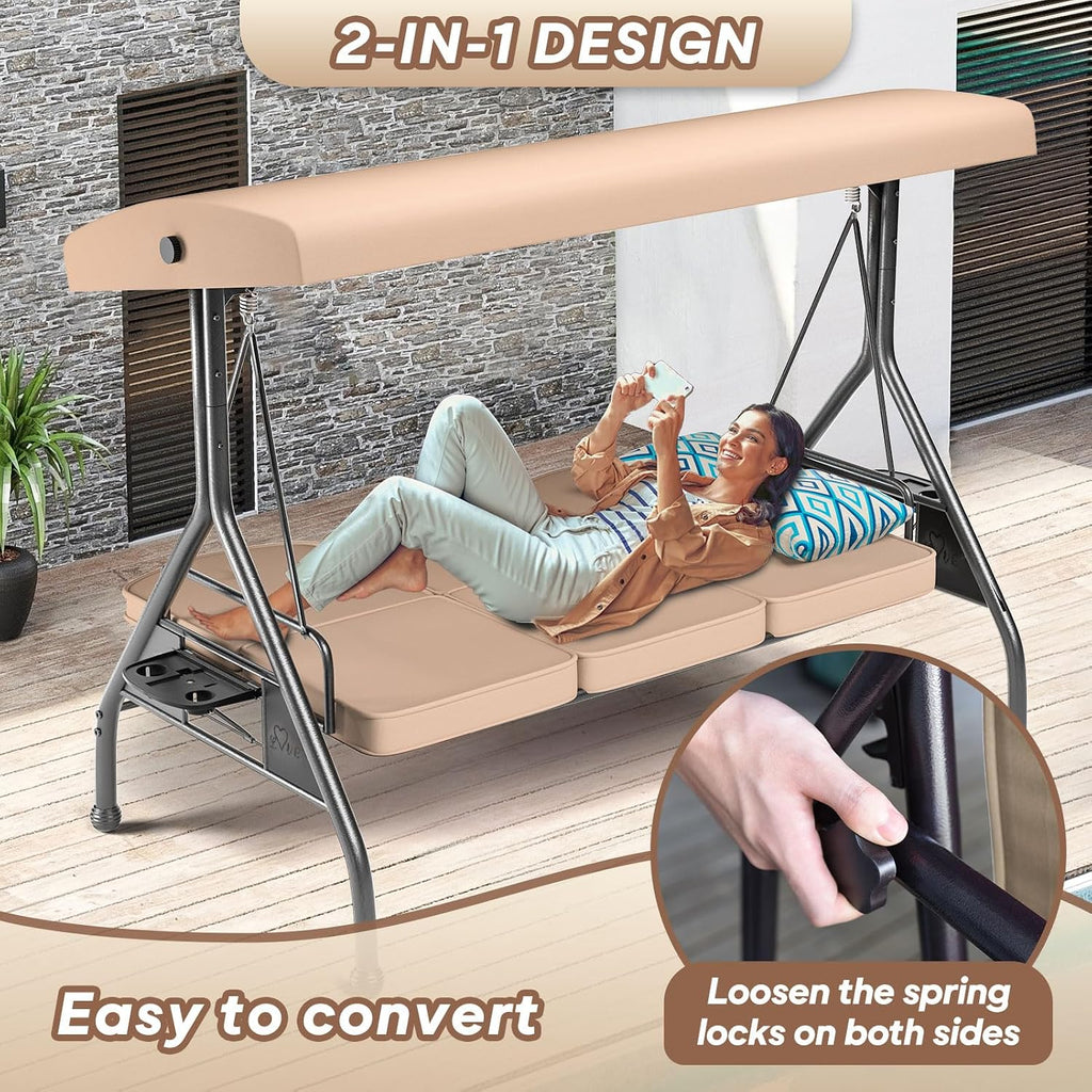ZZW 3 Seat Outdoor Porch Patio Swing with Stand 800lbs 2-in-1 Convertible Swing Bed with Adjustable Canopy & Removable Cushion for Yard Garden Deck (Khaki, Round Tube)