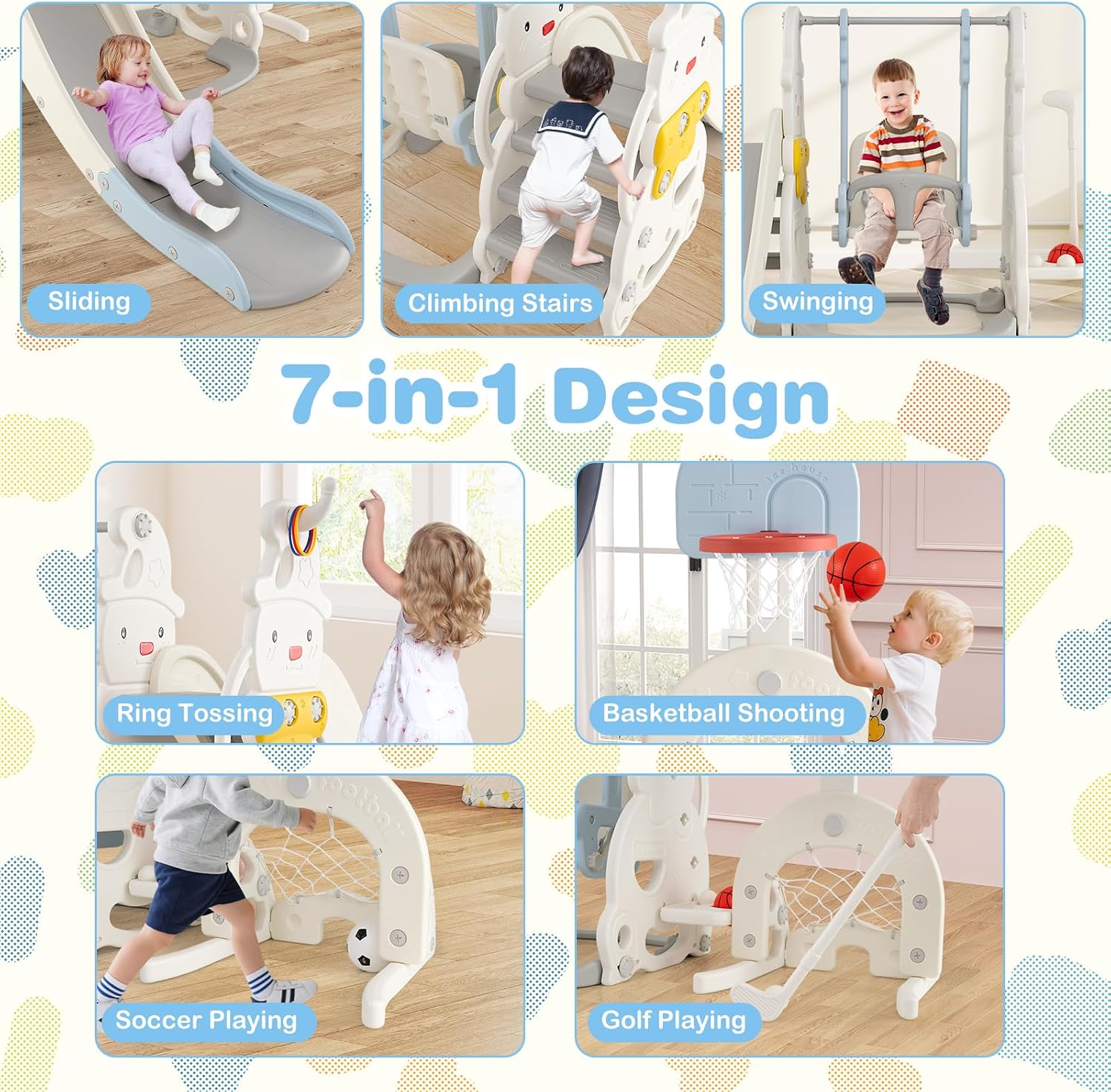 Costzon Toddler Swing and Slide Set, 7 in 1 Toddler Slide for Kids w/Height Adjustable Basketball Hoop & Swing, Climber, Golf, Soccer, Ring Tossing, Freestanding Indoor Playground for Girls & Boys