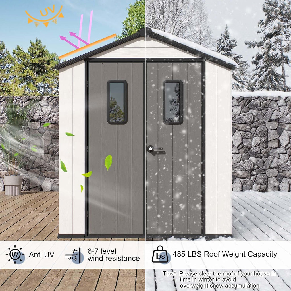 6x4 FT Resin Storage Shed, Featuring 0.6' Thick Panels, Weatherproof Outdoor Tool Shed with Floor for Garden, Lawn, Backyard