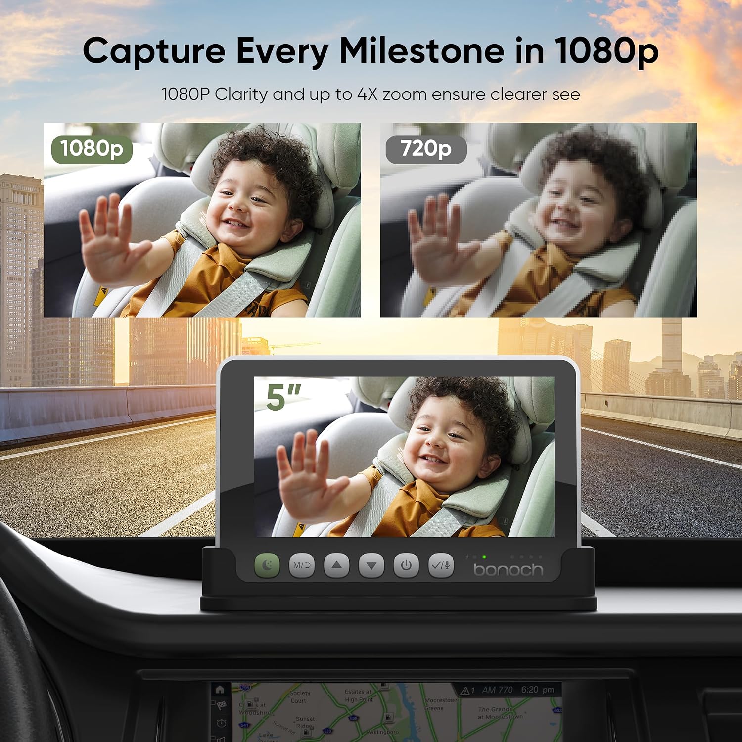 bonoch 2-in-1 Car Home Dual-Use Baby Monitor, 5' HD Clear View Wireless Monitor, 2 USB Powered Cameras for Baby, Seamless Transition Between Car & Home, 360° Rotatable, Night Vision, Easy to Install